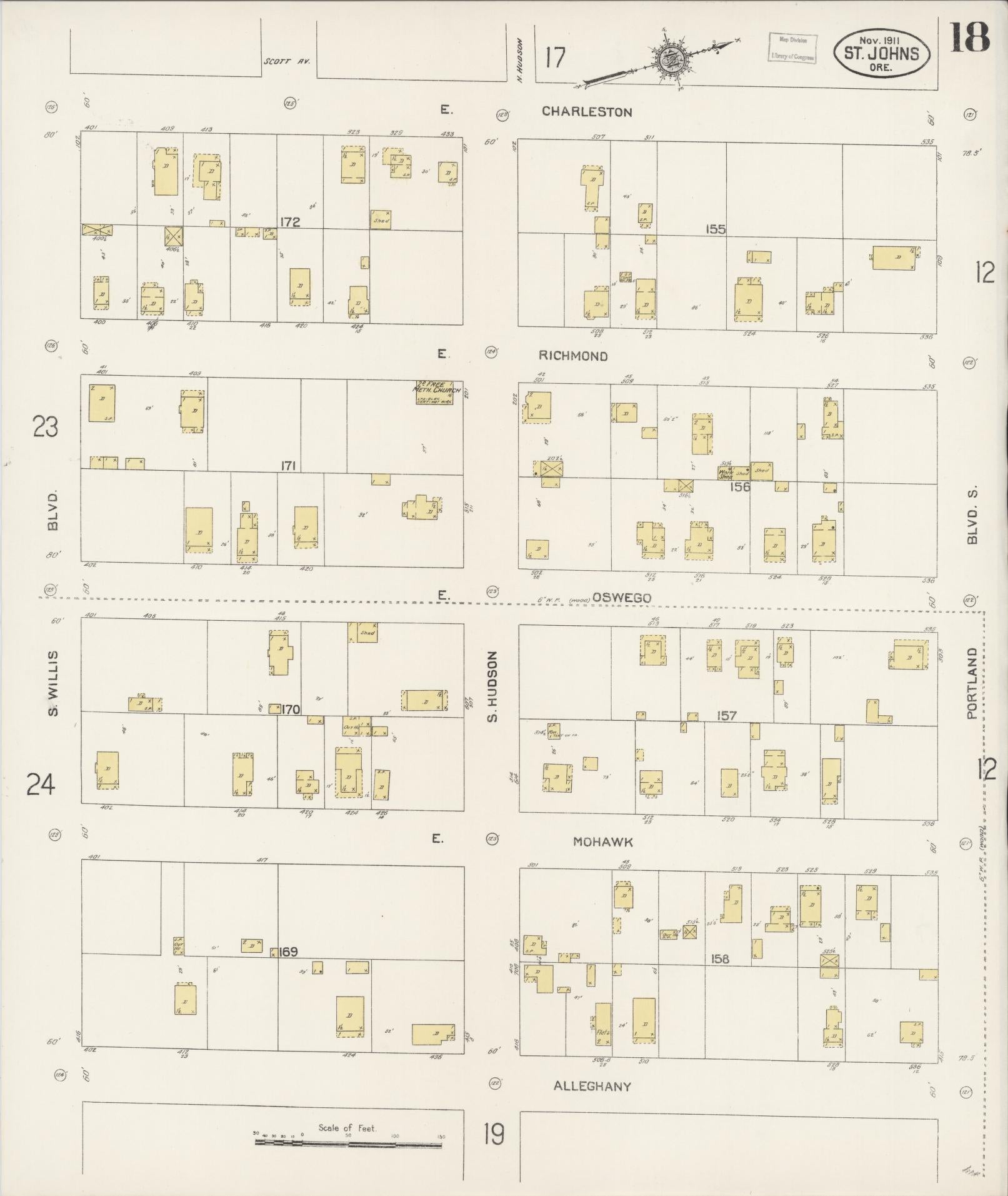 Sanborn Fire Insurance Map from Saint Johns, Multnomah County, Oregon (1911), Sheet #0018 - Complete Map Set gallery image, historic Sanborn map, vintage wall art, Oregon Oregon