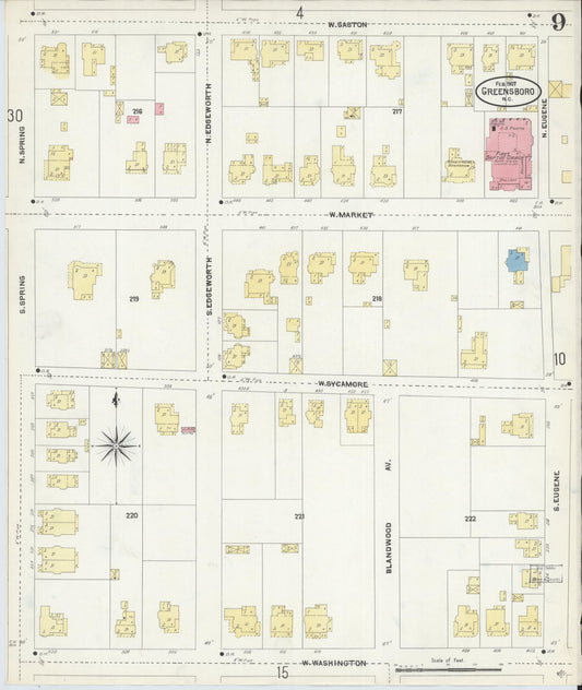Sanborn Fire Insurance Map from Greensboro, Guilford County, North Carolina (1907), Sheet #0009 - Historic Sanborn Fire Insurance Map Print, vintage old map wall art, antique decor, genealogy gift, North Carolina North Carolina map