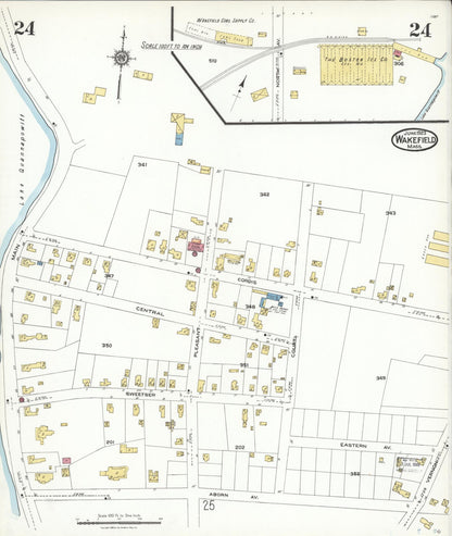 Sanborn Fire Insurance Map from Wakefield, Middlesex County, Massachusetts (1923), Sheet #0024 - Historic Sanborn Fire Insurance Map Print, vintage old map wall art, antique decor, genealogy gift, Massachusetts Massachusetts map