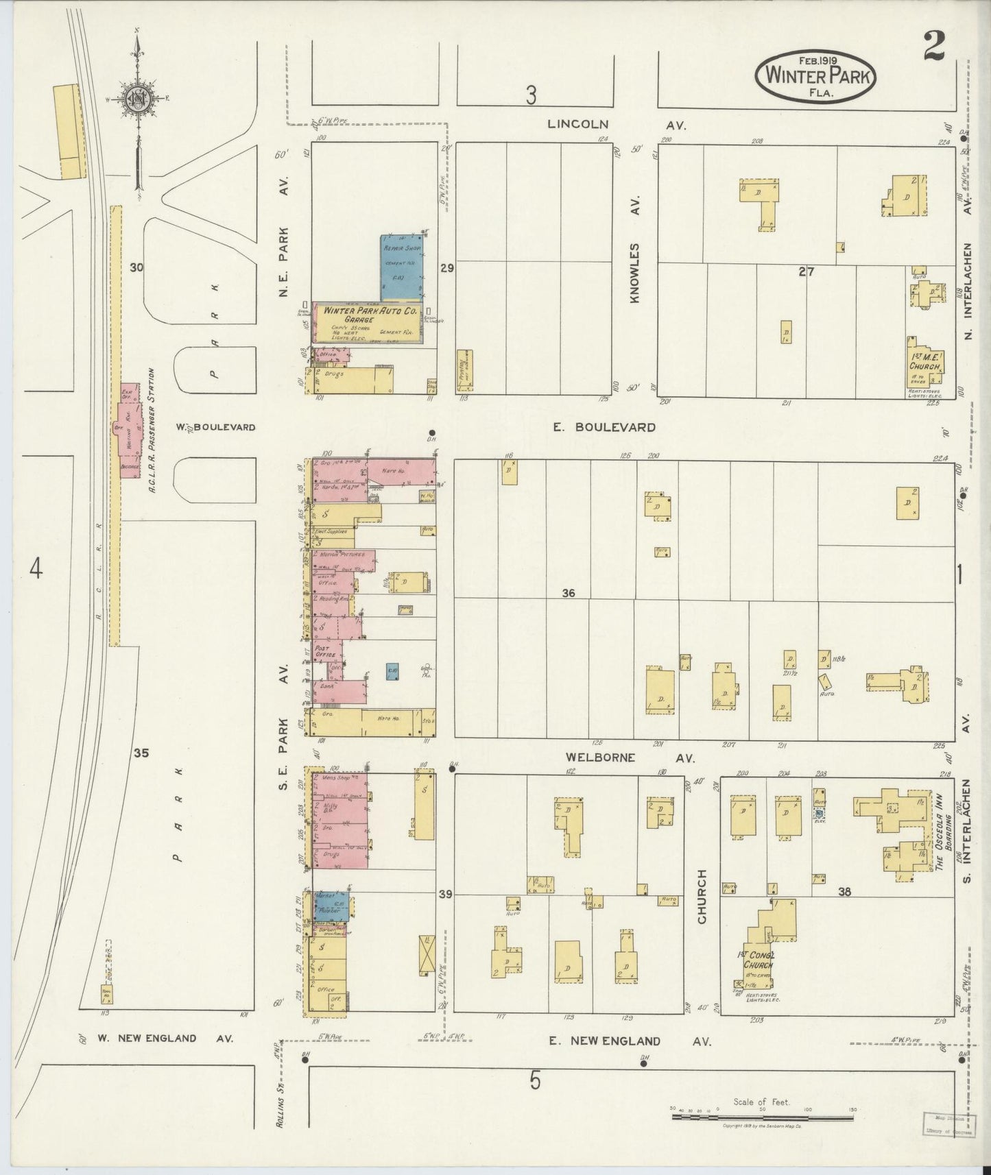 Sanborn Fire Insurance Map from Winter Park, Orange County, Florida (1919), Sheet #0002 - Complete Map Set gallery image, historic Sanborn map, vintage wall art, Florida Florida