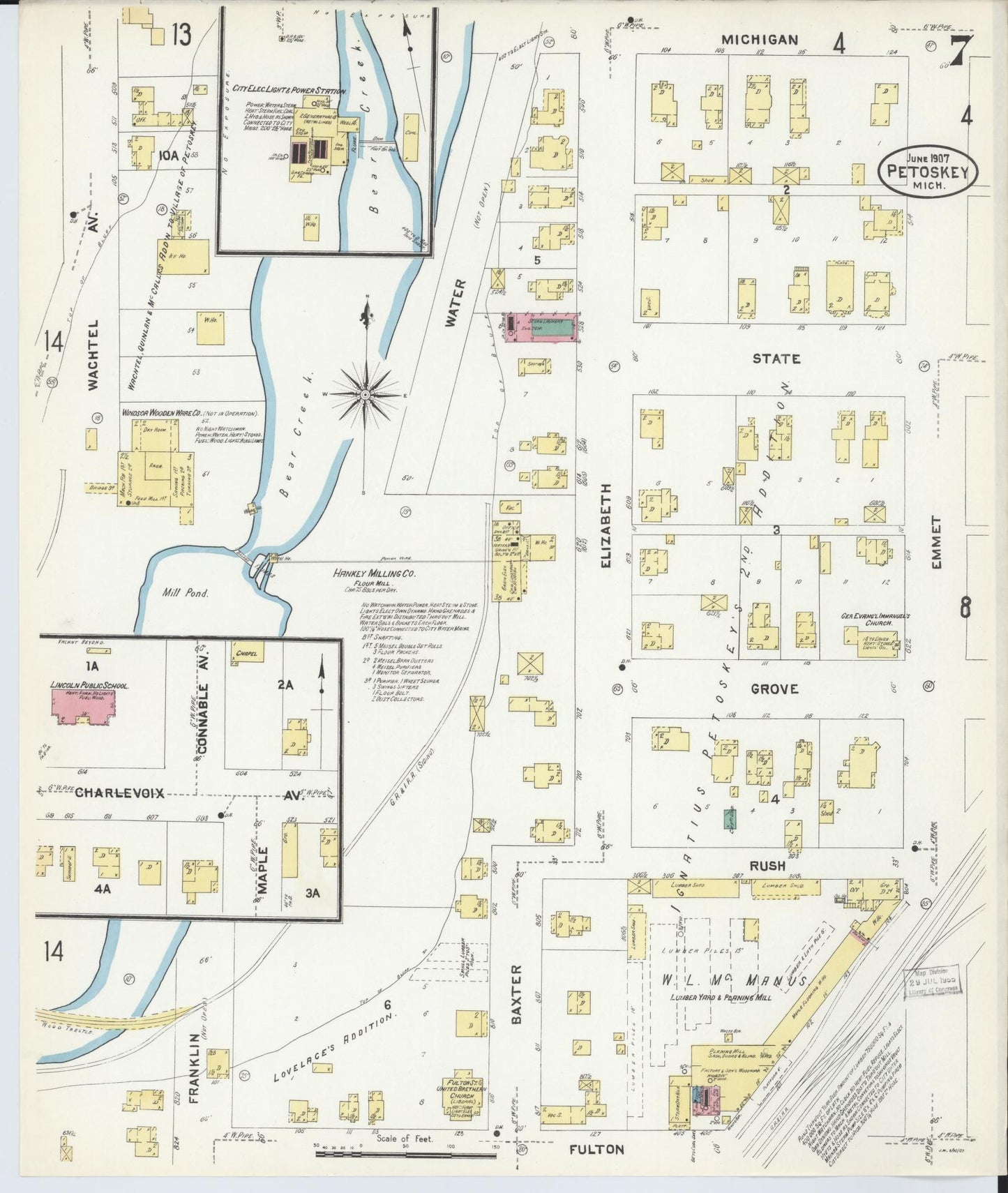 Sanborn Fire Insurance Map from Petoskey, Emmet County, Michigan (1907), Sheet #0007 - Complete Map Set gallery image, historic Sanborn map, vintage wall art, Michigan Michigan