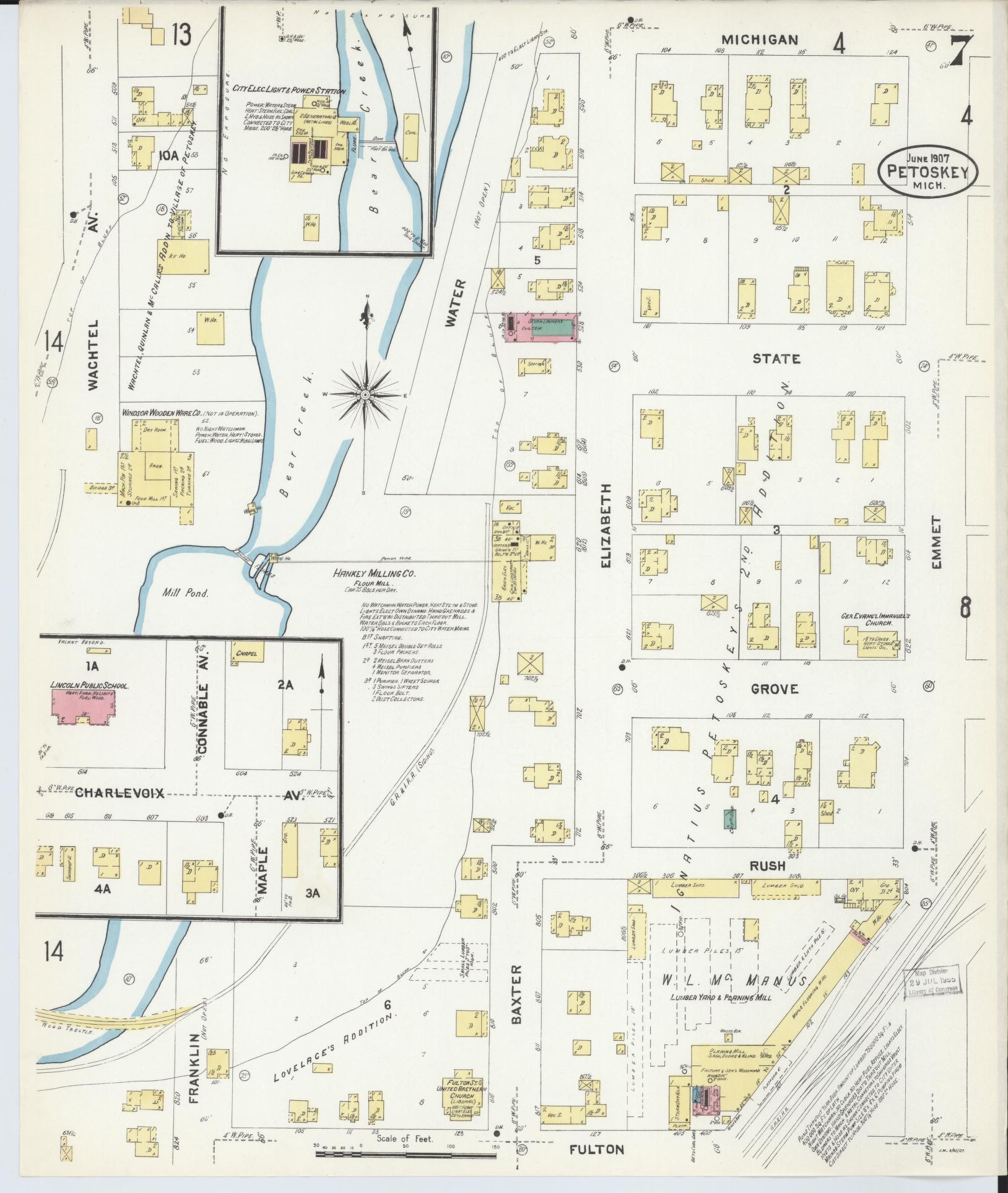 Sanborn Fire Insurance Map from Petoskey, Emmet County, Michigan (1907), Sheet #0007 - Complete Map Set gallery image, historic Sanborn map, vintage wall art, Michigan Michigan
