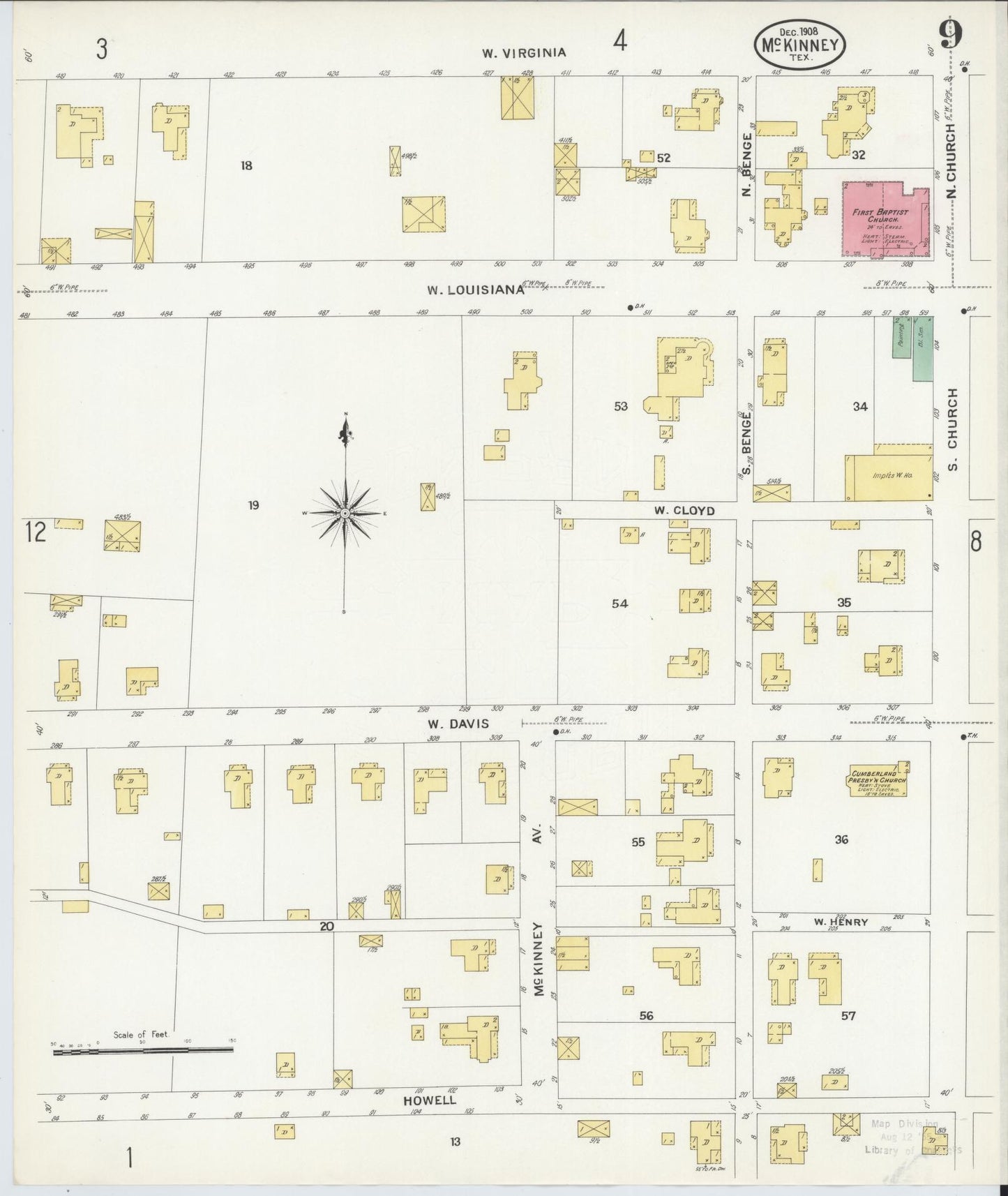 Sanborn Fire Insurance Map from McKinney, Collin County, Texas (1908), Sheet #0009 - Historic Sanborn Fire Insurance Map Print, vintage old map wall art, antique decor, genealogy gift, Texas Texas map