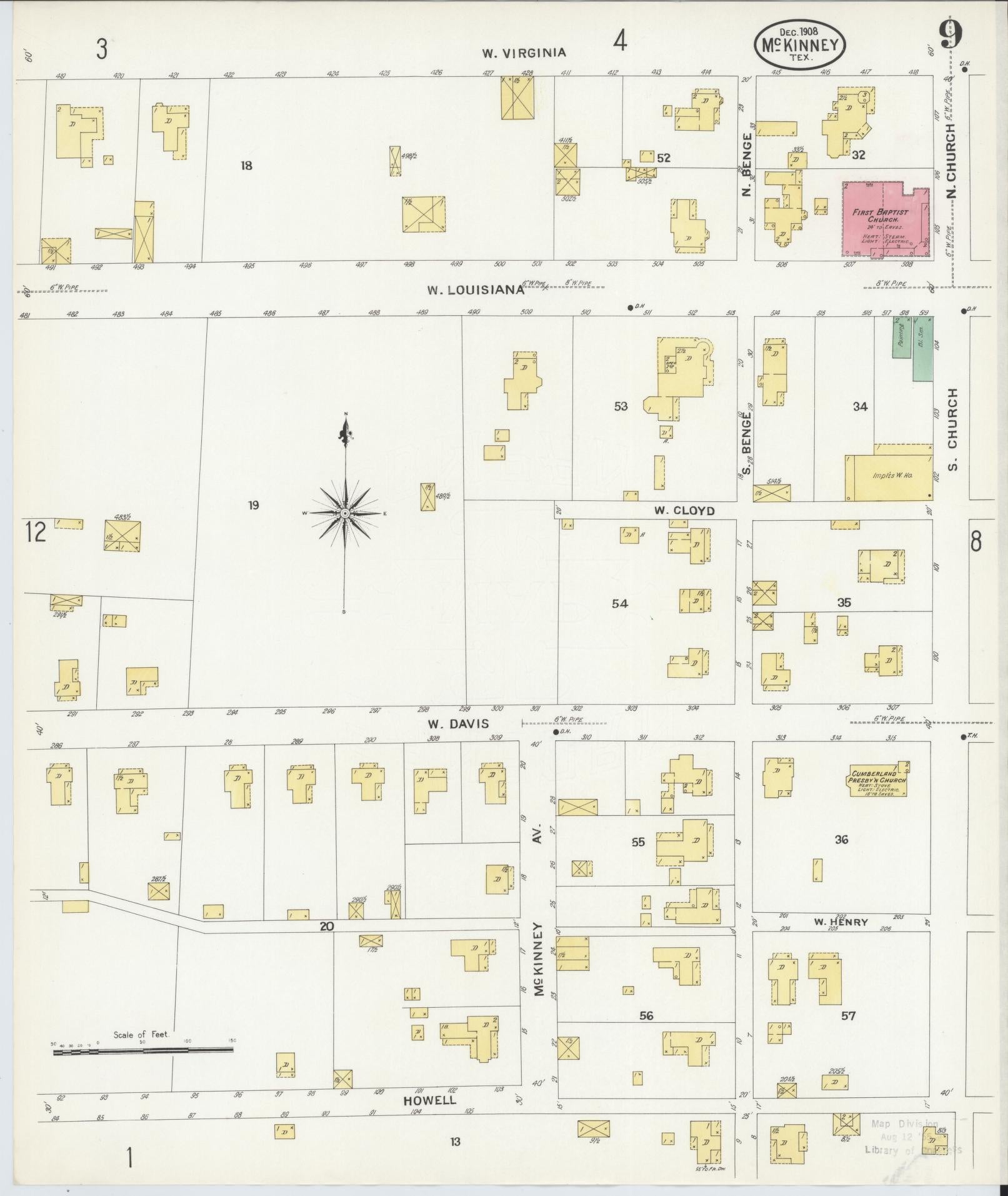 Sanborn Fire Insurance Map from McKinney, Collin County, Texas (1908), Sheet #0009 - Historic Sanborn Fire Insurance Map Print, vintage old map wall art, antique decor, genealogy gift, Texas Texas map