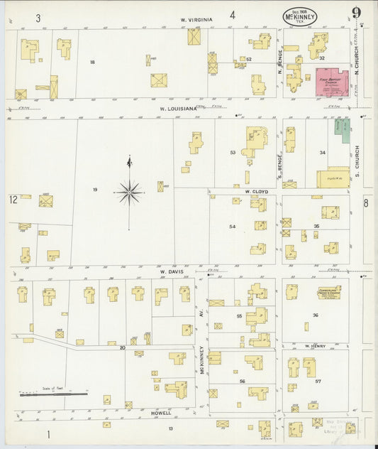Sanborn Fire Insurance Map from McKinney, Collin County, Texas (1908), Sheet #0009 - Historic Sanborn Fire Insurance Map Print, vintage old map wall art, antique decor, genealogy gift, Texas Texas map