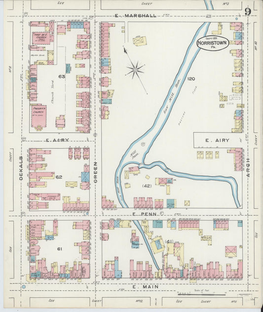 Sanborn Fire Insurance Map from Norristown, Montgomery County, Pennsylvania (1891), Sheet #0009 - Historic Sanborn Fire Insurance Map Print, vintage old map wall art, antique decor, genealogy gift, Pennsylvania Pennsylvania map