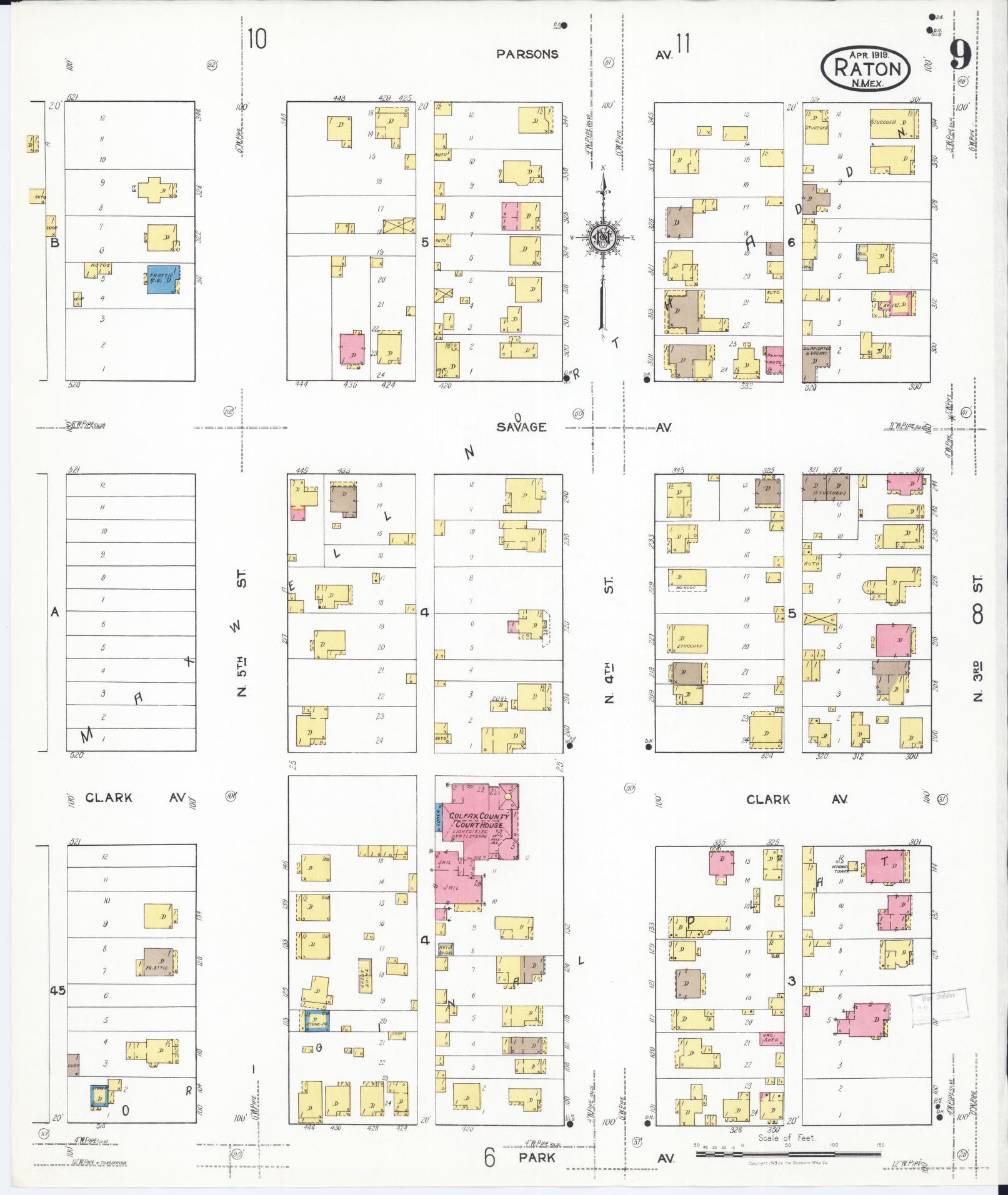 Sanborn Fire Insurance Map from Raton, Colfax County, New Mexico (1919), Sheet #0009 - Historic Sanborn Fire Insurance Map Print, vintage old map wall art, antique decor, genealogy gift, New Mexico New Mexico map