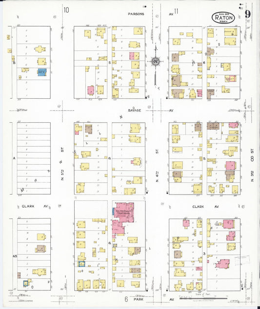Sanborn Fire Insurance Map from Raton, Colfax County, New Mexico (1919), Sheet #0009 - Historic Sanborn Fire Insurance Map Print, vintage old map wall art, antique decor, genealogy gift, New Mexico New Mexico map