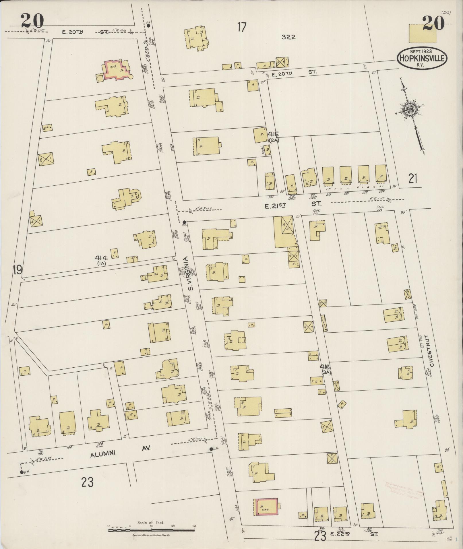 Sanborn Fire Insurance Map from Hopkinsville, Christian County, Kentucky (1923), Sheet #0020 - Historic Sanborn Fire Insurance Map Print, vintage old map wall art, antique decor, genealogy gift, Kentucky Kentucky map