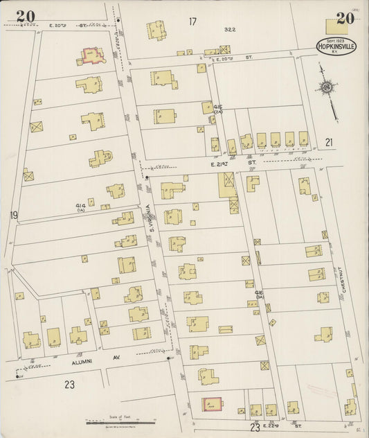 Sanborn Fire Insurance Map from Hopkinsville, Christian County, Kentucky (1923), Sheet #0020 - Historic Sanborn Fire Insurance Map Print, vintage old map wall art, antique decor, genealogy gift, Kentucky Kentucky map