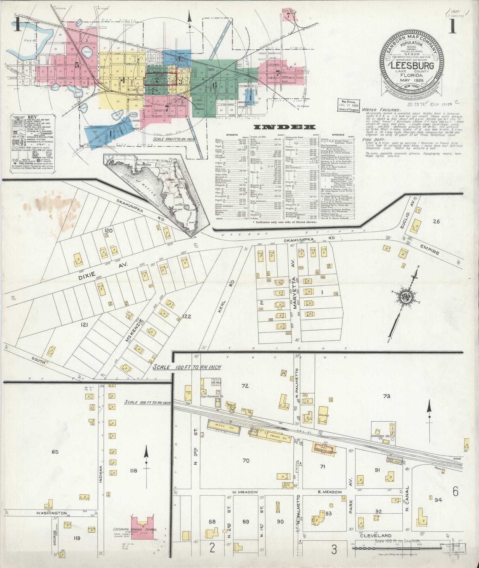 Sanborn Fire Insurance Map from Leesburg, Lake County, Florida (1924), Sheet #0001 - Historic Sanborn Fire Insurance Map Print, vintage old map wall art, antique decor, genealogy gift, Florida Florida map