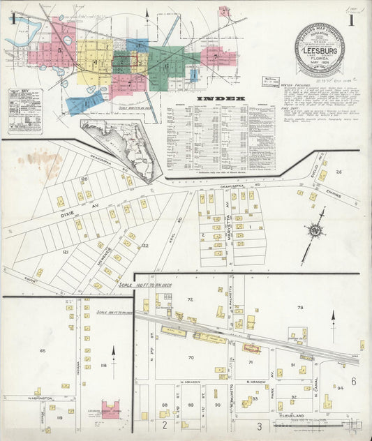 Sanborn Fire Insurance Map from Leesburg, Lake County, Florida (1924), Sheet #0001 - Historic Sanborn Fire Insurance Map Print, vintage old map wall art, antique decor, genealogy gift, Florida Florida map