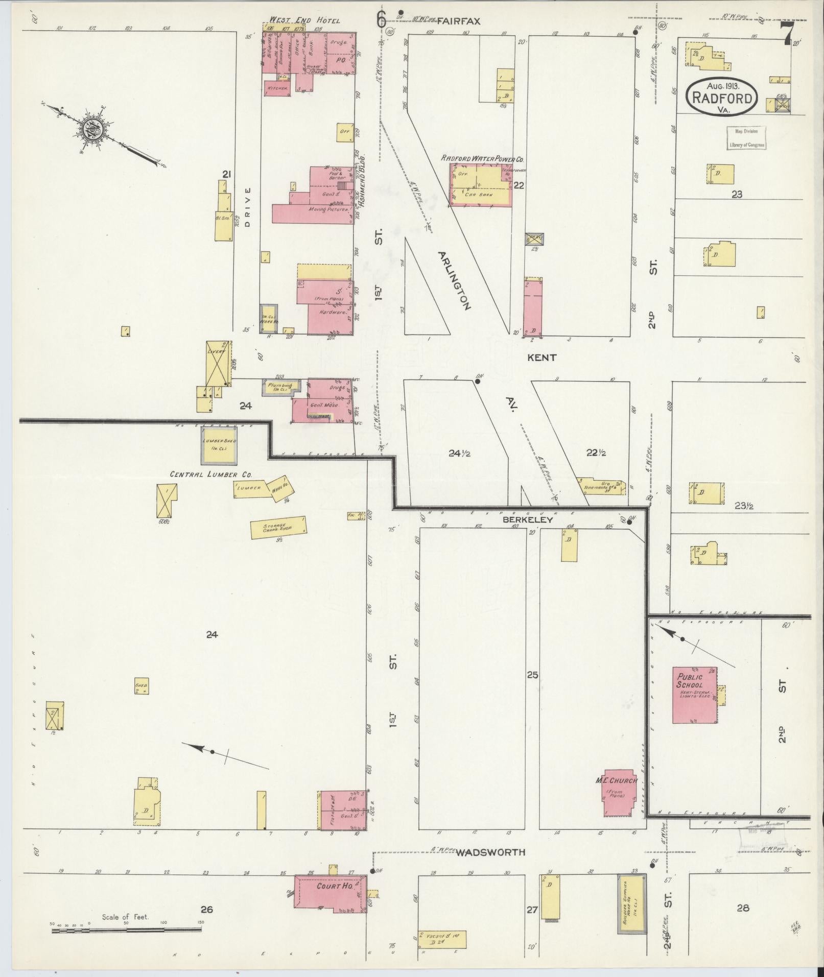 Sanborn Fire Insurance Map from Radford, Independent Cities, Virginia (1913), Sheet #0007 - Complete Map Set gallery image, historic Sanborn map, vintage wall art, Virginia Virginia
