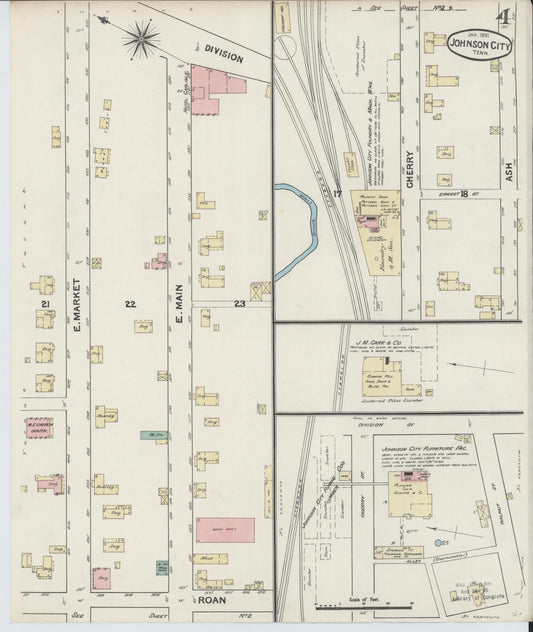 Sanborn Fire Insurance Map from Johnson City, Washington County, Tennessee (1891), Sheet #0004 - Historic Sanborn Fire Insurance Map Print, vintage old map wall art, antique decor, genealogy gift, Tennessee Tennessee map