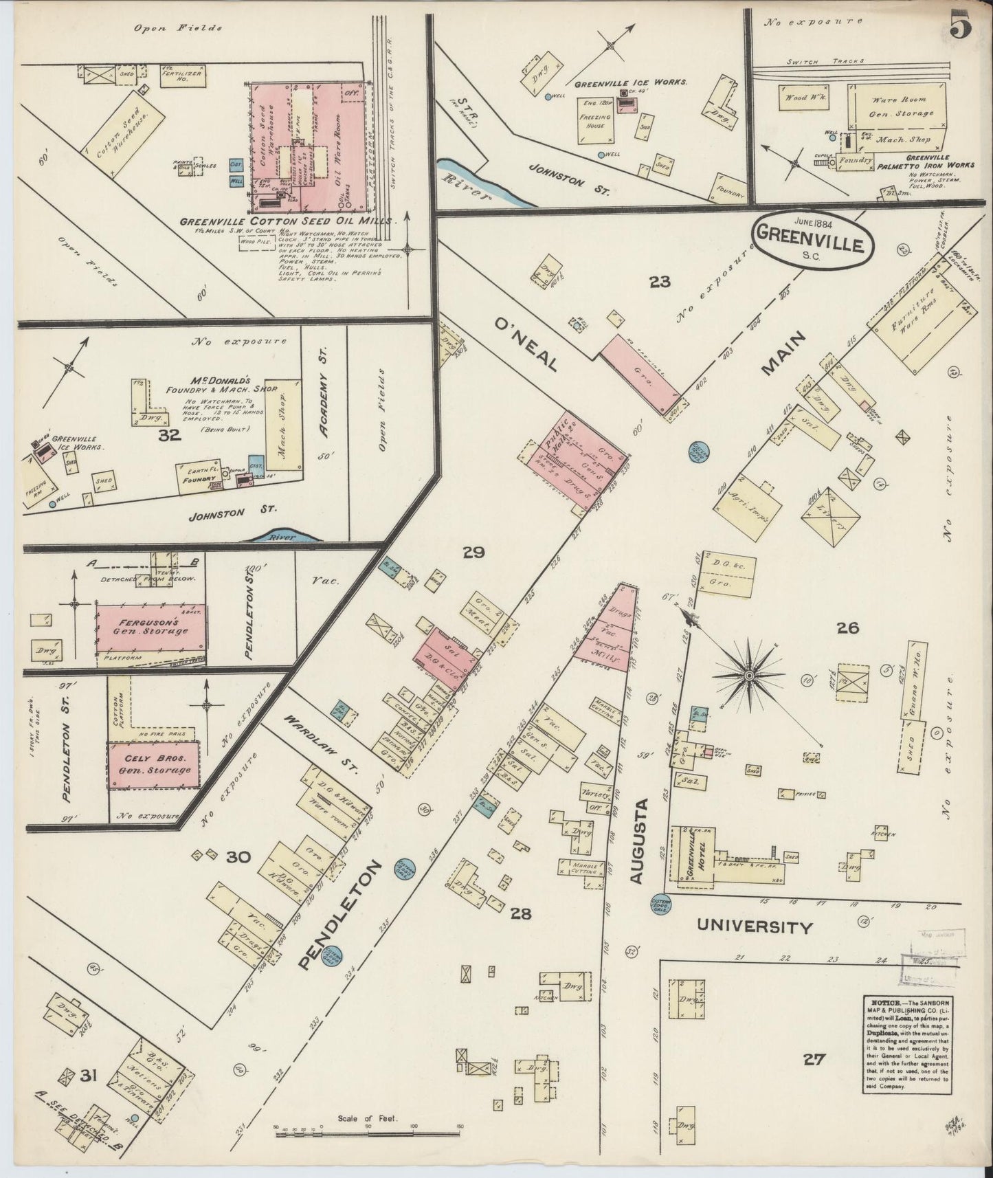 Sanborn Fire Insurance Map from Greenville, Greenville County, South Carolina (1884), Sheet #0005 - Complete Map Set gallery image, historic Sanborn map, vintage wall art, South Carolina South Carolina