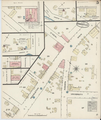 Sanborn Fire Insurance Map from Greenville, Greenville County, South Carolina (1884), Sheet #0005 - Complete Map Set gallery image, historic Sanborn map, vintage wall art, South Carolina South Carolina