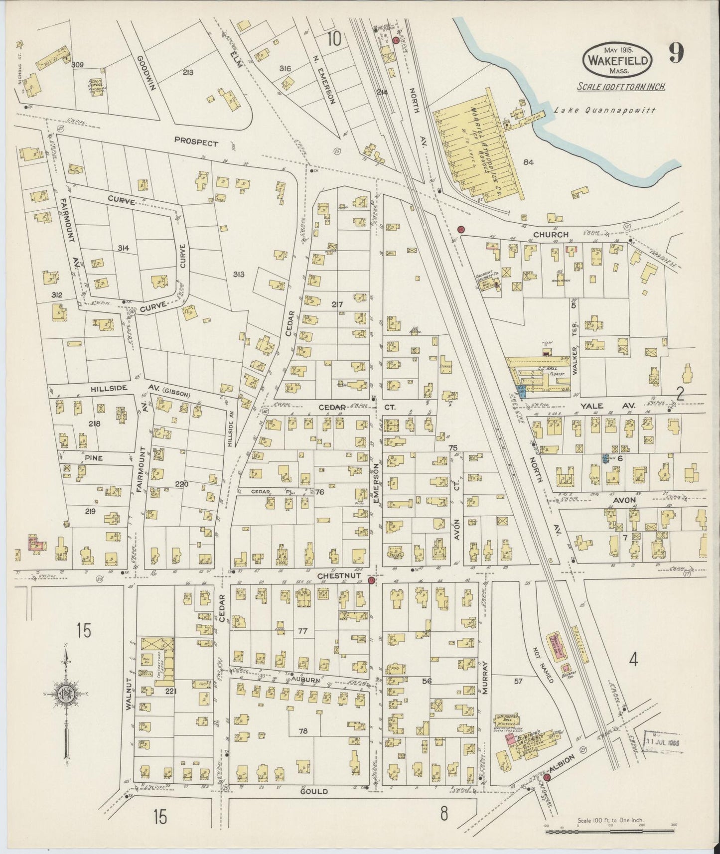 Sanborn Fire Insurance Map from Wakefield, Middlesex County, Massachusetts (1915), Sheet #0009 - Complete Map Set gallery image, historic Sanborn map, vintage wall art, Massachusetts Massachusetts