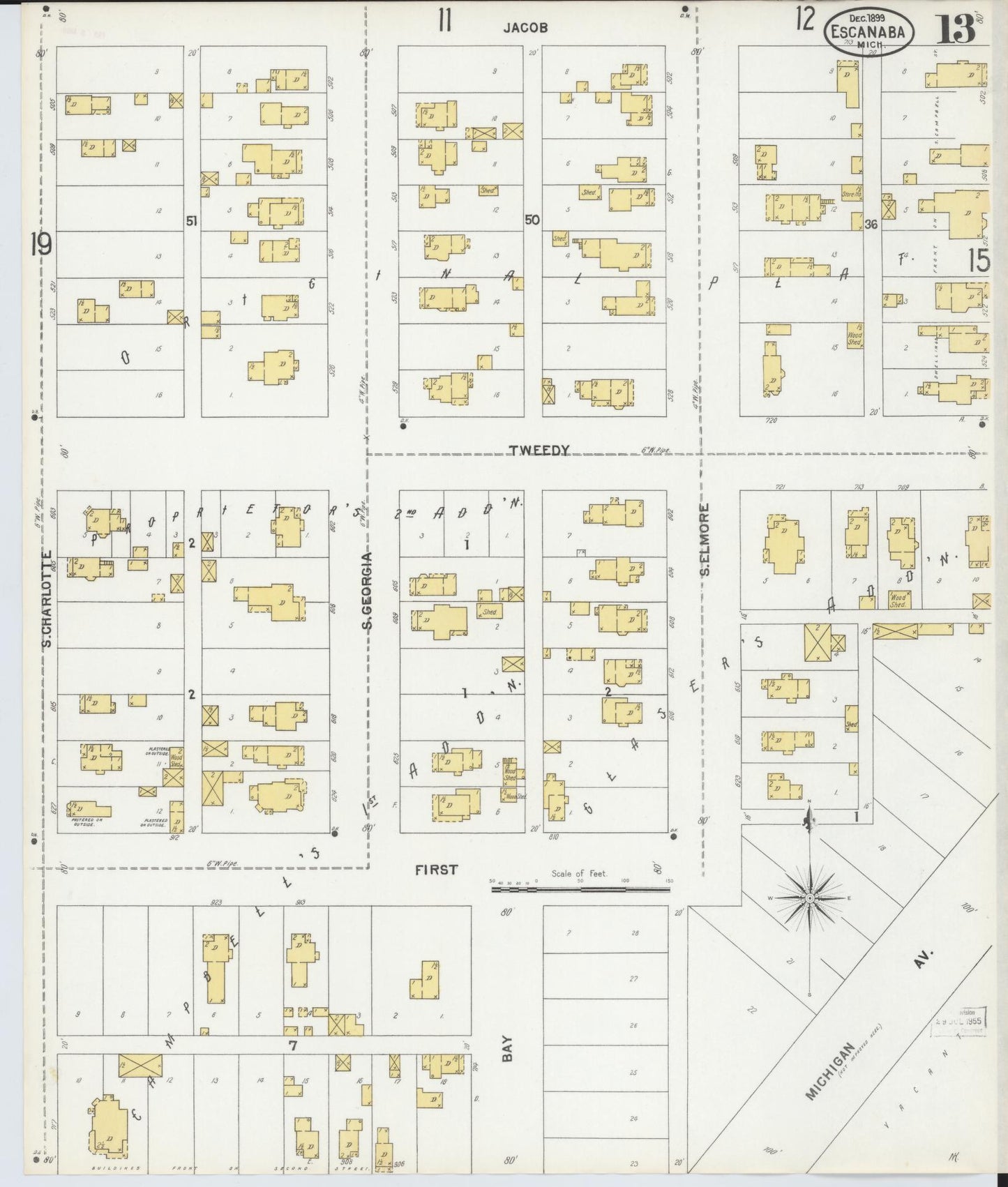 Sanborn Fire Insurance Map from Escanaba, Delta County, Michigan (1899), Sheet #0013 - Complete Map Set gallery image, historic Sanborn map, vintage wall art, Michigan Michigan
