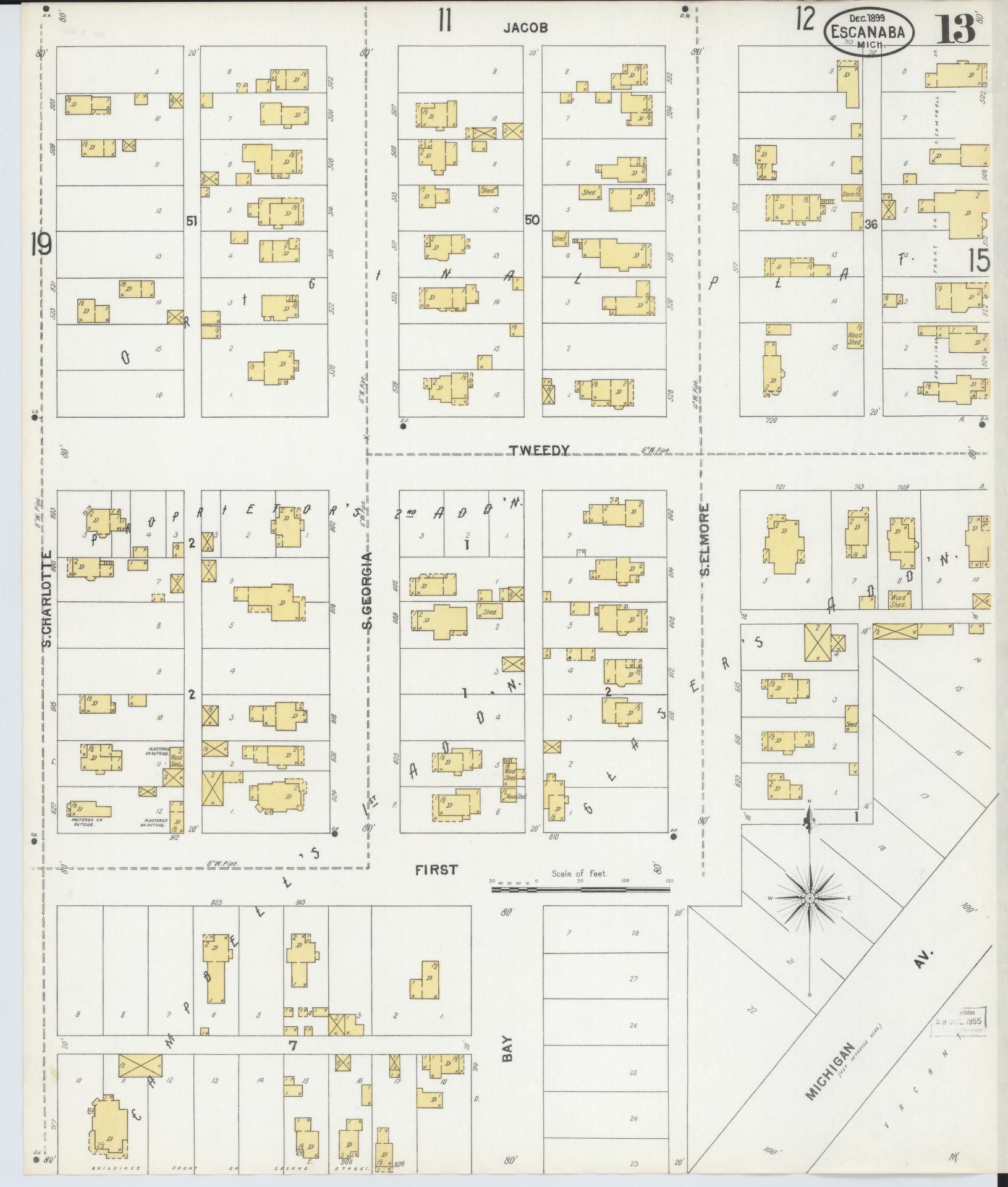 Sanborn Fire Insurance Map from Escanaba, Delta County, Michigan (1899), Sheet #0013 - Complete Map Set gallery image, historic Sanborn map, vintage wall art, Michigan Michigan