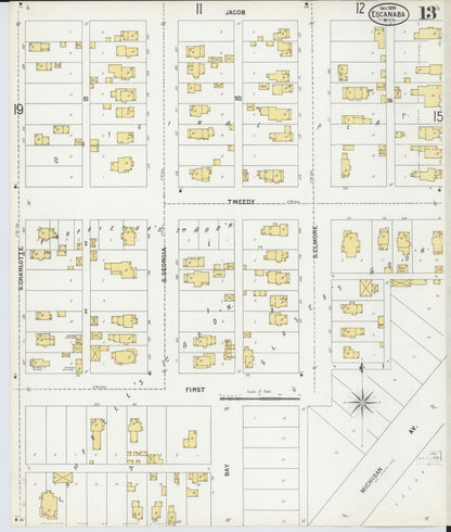Sanborn Fire Insurance Map from Escanaba, Delta County, Michigan (1899), Sheet #0013 - Complete Map Set gallery image, historic Sanborn map, vintage wall art, Michigan Michigan