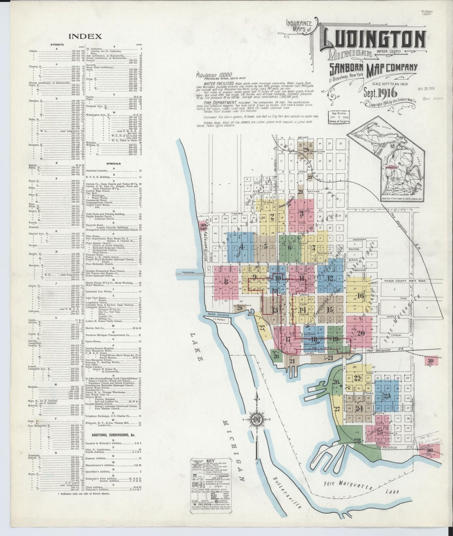 Sanborn Fire Insurance Map from Ludington, Mason County, Michigan (1916), Sheet #0001 - Complete Map Set gallery image, historic Sanborn map, vintage wall art, Michigan Michigan