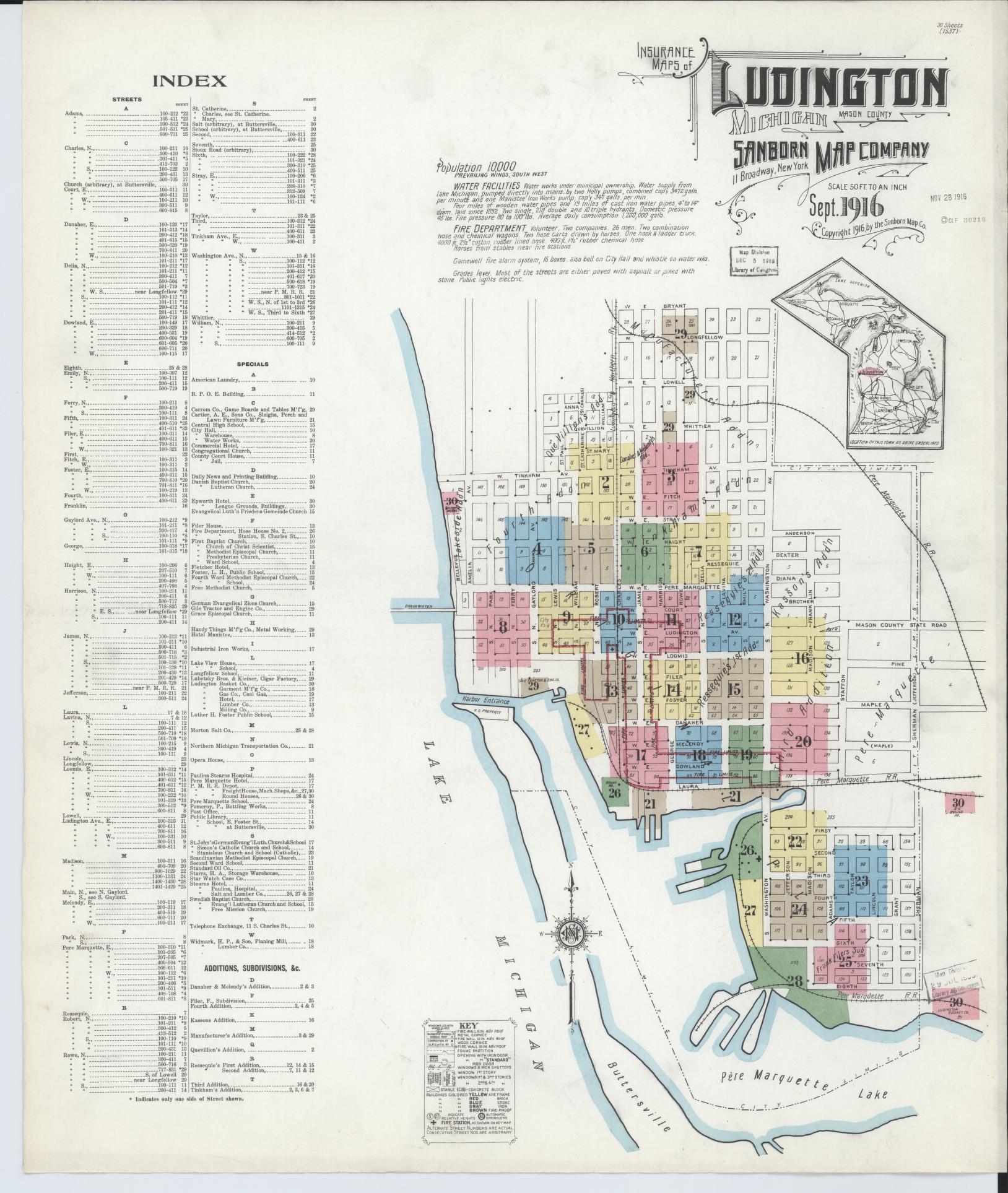 Sanborn Fire Insurance Map from Ludington, Mason County, Michigan (1916), Sheet #0001 - Complete Map Set gallery image, historic Sanborn map, vintage wall art, Michigan Michigan