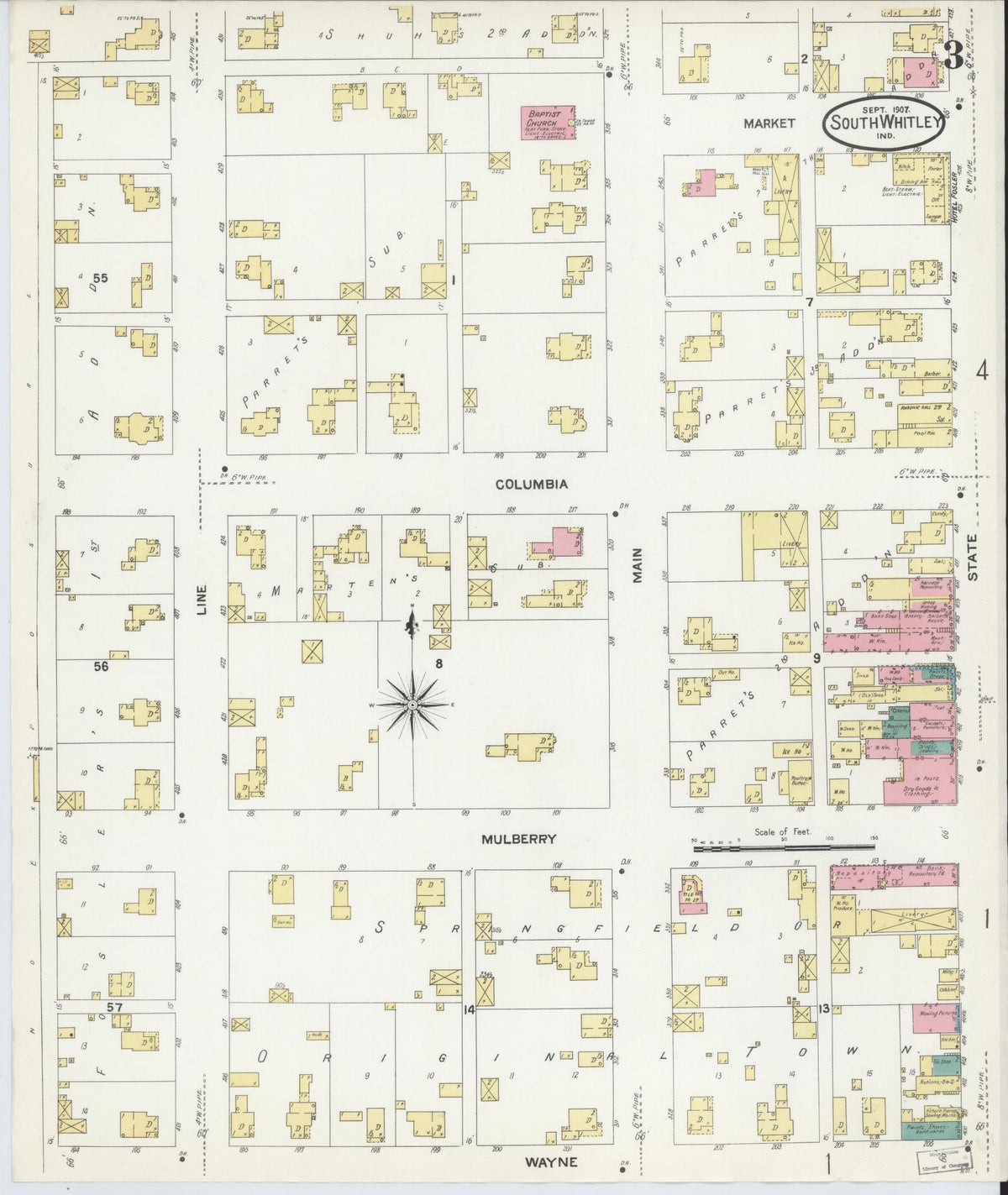 Sanborn Fire Insurance Map from South Whitley, Whitley County, Indiana (1907), Sheet #0003 - Historic Sanborn Fire Insurance Map Print, vintage old map wall art, antique decor, genealogy gift, Indiana Indiana map