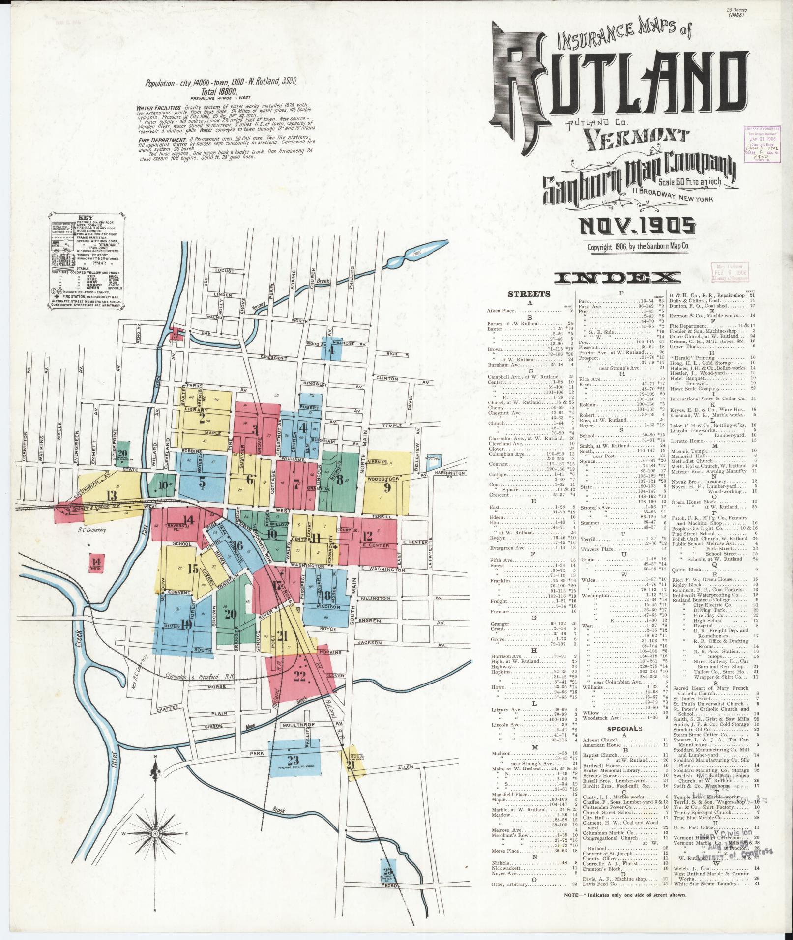 Sanborn Fire Insurance Map from Rutland, Rutland County, Vermont. (1905) – Historic Sanborn Fire Insurance Map Print