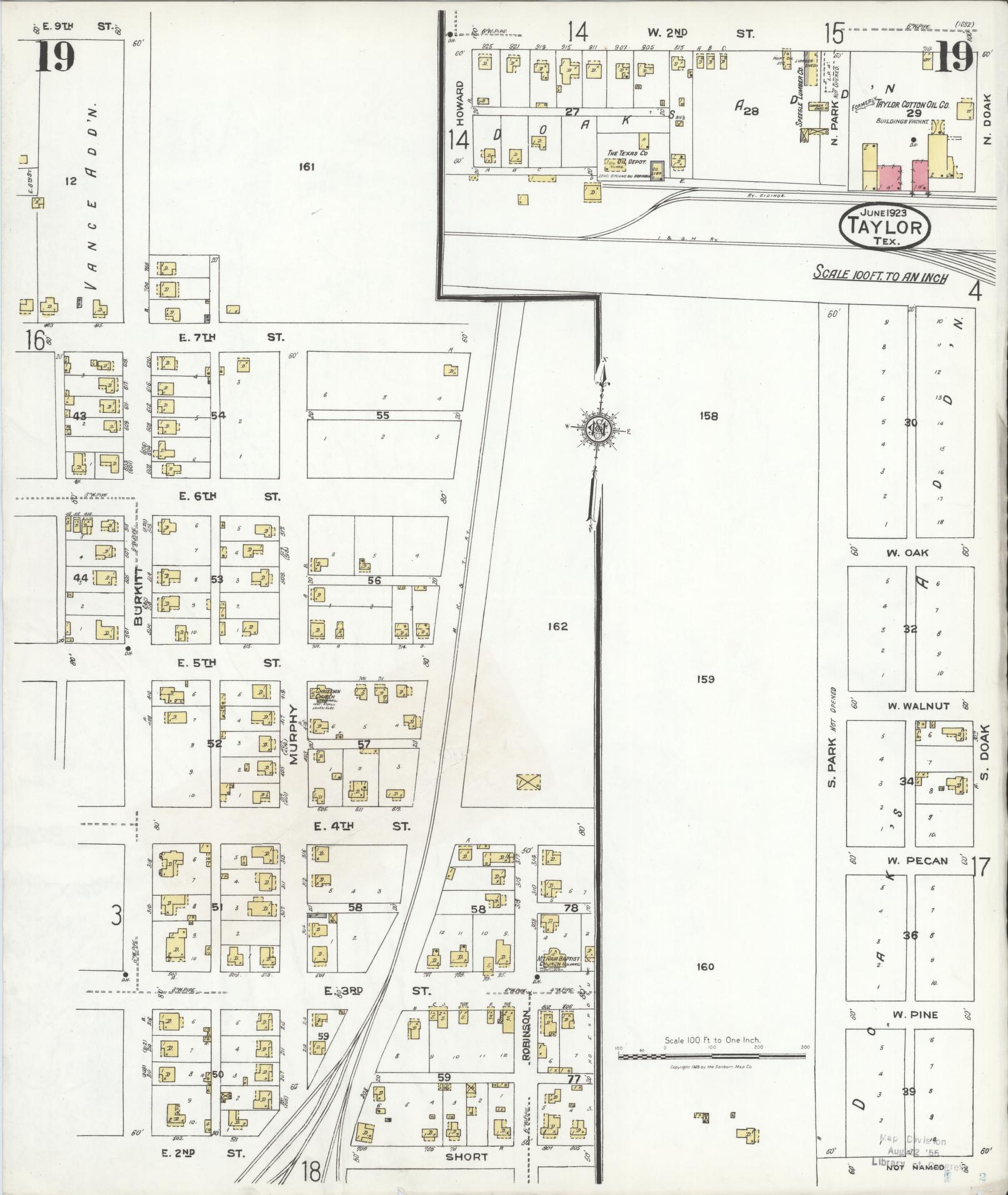 Sanborn Fire Insurance Map from Taylor, Williamson County, Texas (1923), Sheet #0019 - Complete Map Set gallery image, historic Sanborn map, vintage wall art, Texas Texas