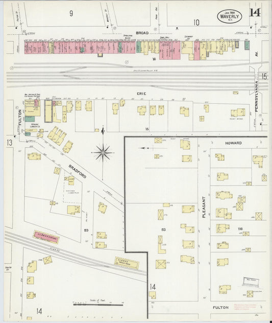 Sanborn Fire Insurance Map from Waverly, Tioga County, New York (1908), Sheet #0014 - Historic Sanborn Fire Insurance Map Print, vintage old map wall art, antique decor, genealogy gift, New York New York map