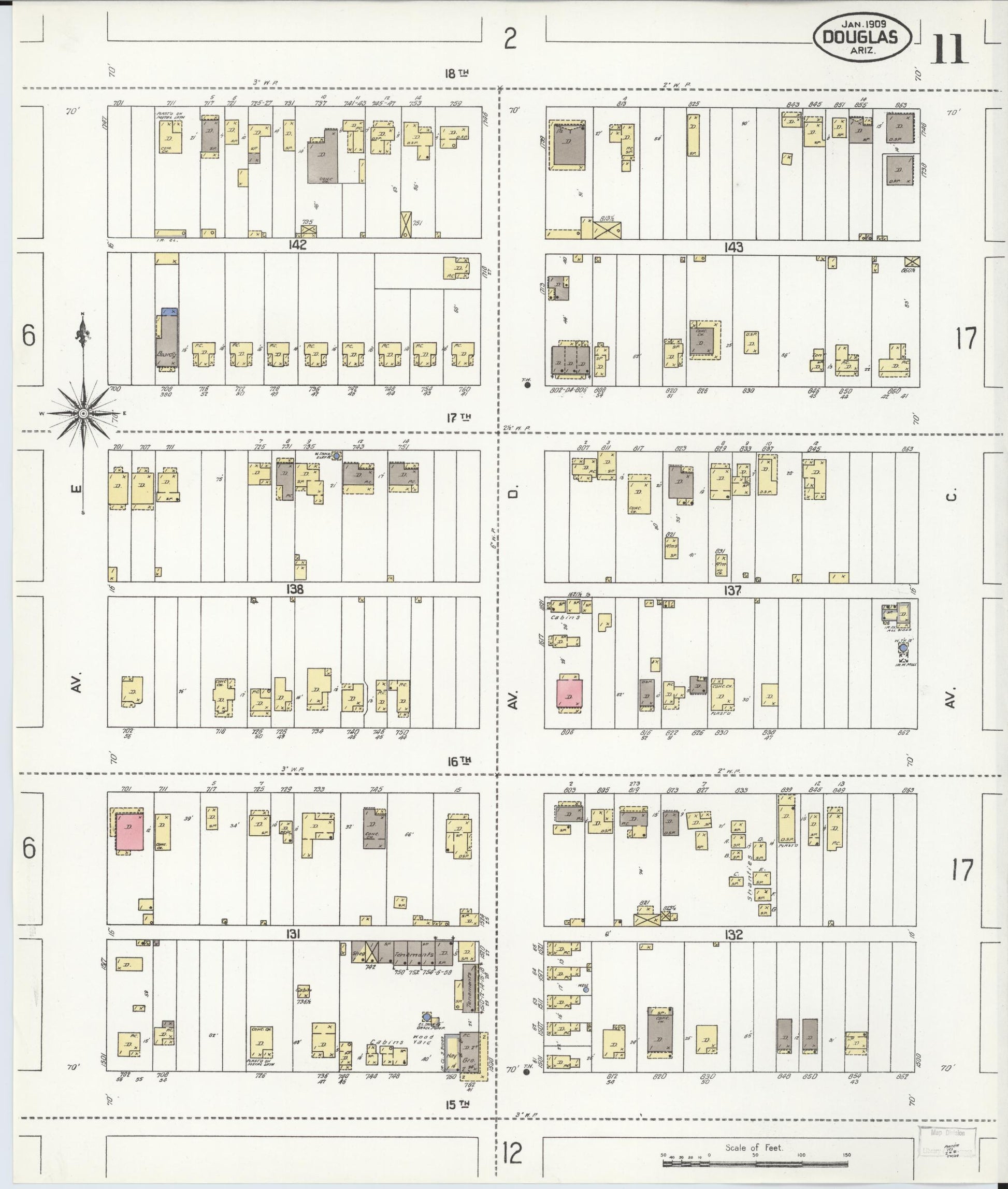Sanborn Fire Insurance Map from Douglas, Cochise County, Arizona (1909), Sheet #0011 - Historic Sanborn Fire Insurance Map Print, vintage old map wall art, antique decor, genealogy gift, Arizona Arizona map
