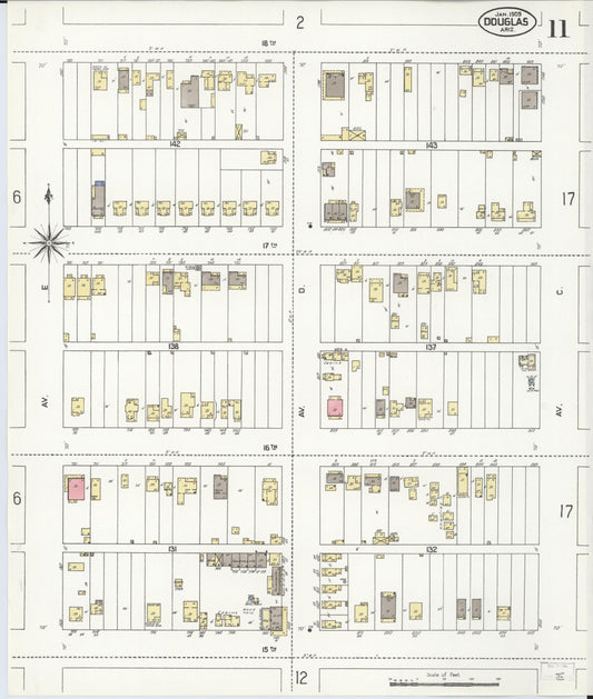 Sanborn Fire Insurance Map from Douglas, Cochise County, Arizona (1909), Sheet #0011 - Historic Sanborn Fire Insurance Map Print, vintage old map wall art, antique decor, genealogy gift, Arizona Arizona map
