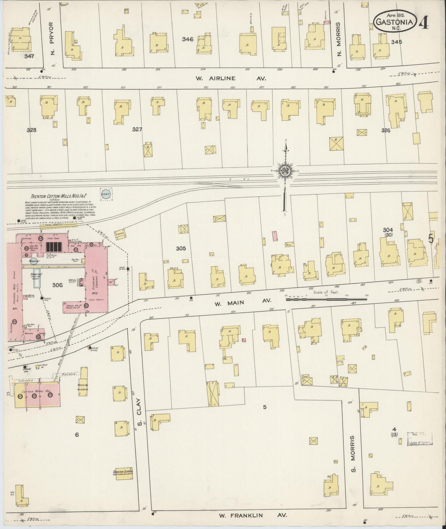 Sanborn Fire Insurance Map from Gastonia, Gaston County, North Carolina (1915), Sheet #0004 - Complete Map Set gallery image, historic Sanborn map, vintage wall art, North Carolina North Carolina