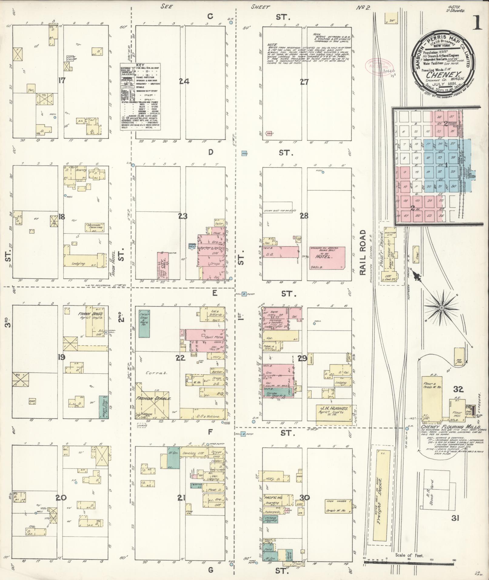 Sanborn Fire Insurance Map from Cheney, Spokane County, Washington (1891), Sheet #0001 - Complete Map Set gallery image, historic Sanborn map, vintage wall art, Washington Washington
