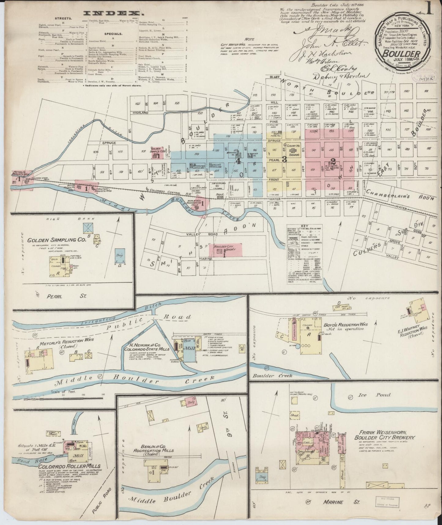 Sanborn Fire Insurance Map from Boulder, Boulder County, Colorado (1886), Sheet #0001 - Complete Map Set gallery image, historic Sanborn map, vintage wall art, Colorado Colorado