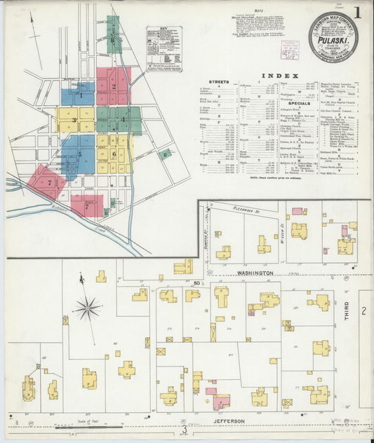Sanborn Fire Insurance Map from Pulaski, Giles County, Tennessee (1905), Sheet #0001 - Complete Map Set gallery image, historic Sanborn map, vintage wall art, Tennessee Tennessee
