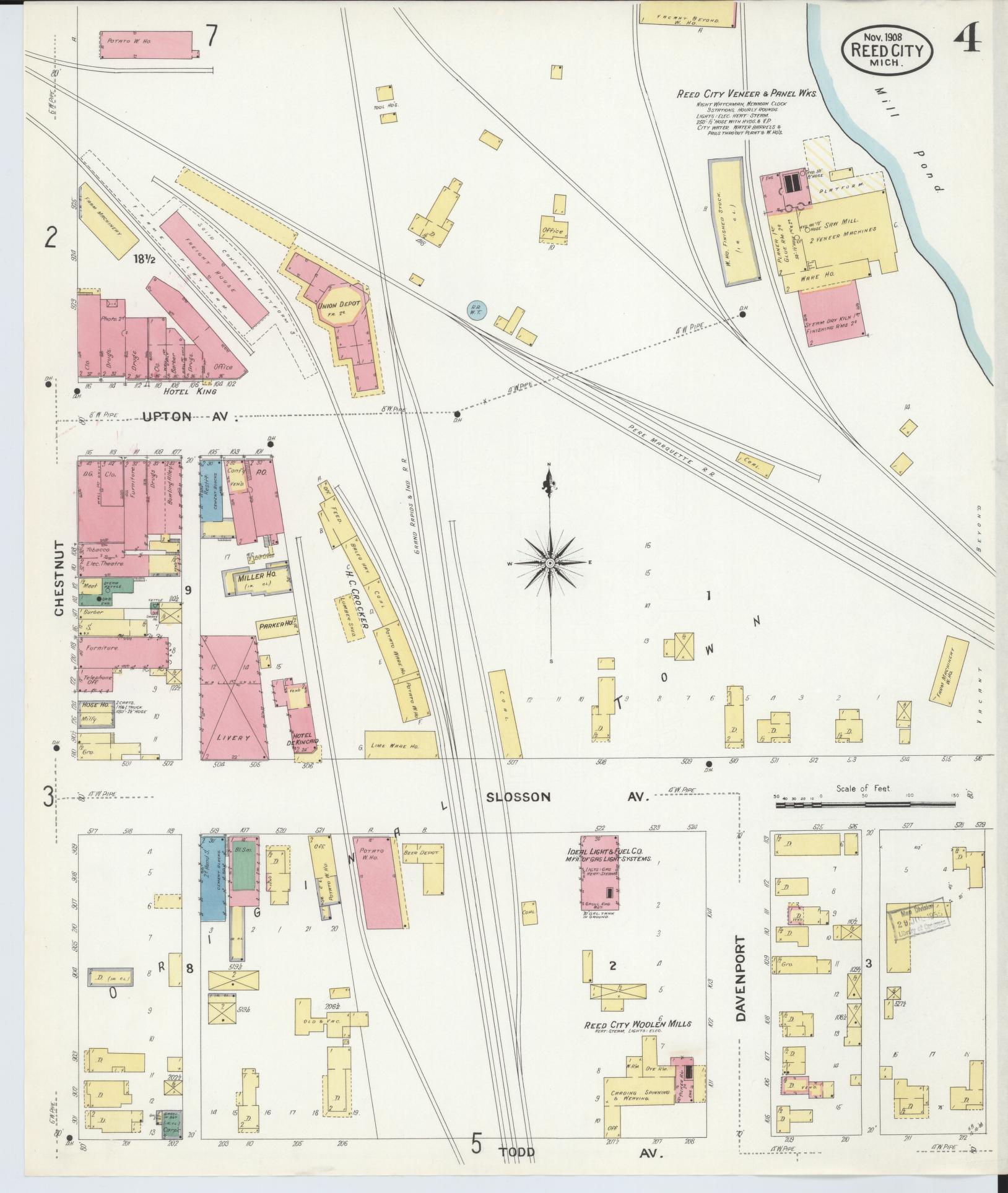 Sanborn Fire Insurance Map from Reed City, Osceola County, Michigan (1908), Sheet #0004 - Historic Sanborn Fire Insurance Map Print, vintage old map wall art, antique decor, genealogy gift, Michigan Michigan map