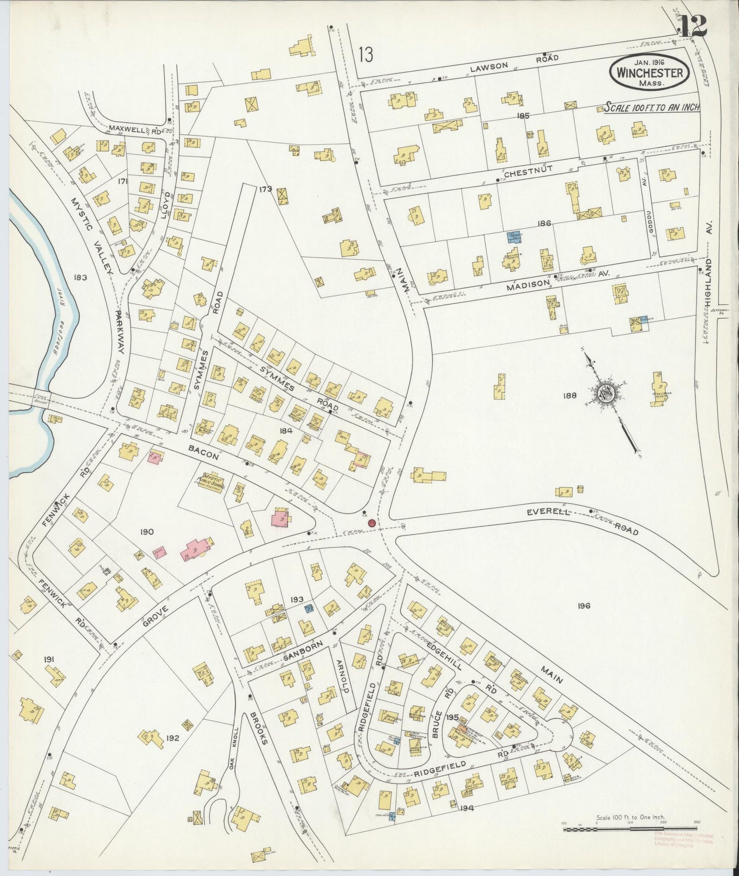 Sanborn Fire Insurance Map from Winchester, Middlesex County, Massachusetts (1916), Sheet #0012 - Historic Sanborn Fire Insurance Map Print, vintage old map wall art, antique decor, genealogy gift, Massachusetts Massachusetts map