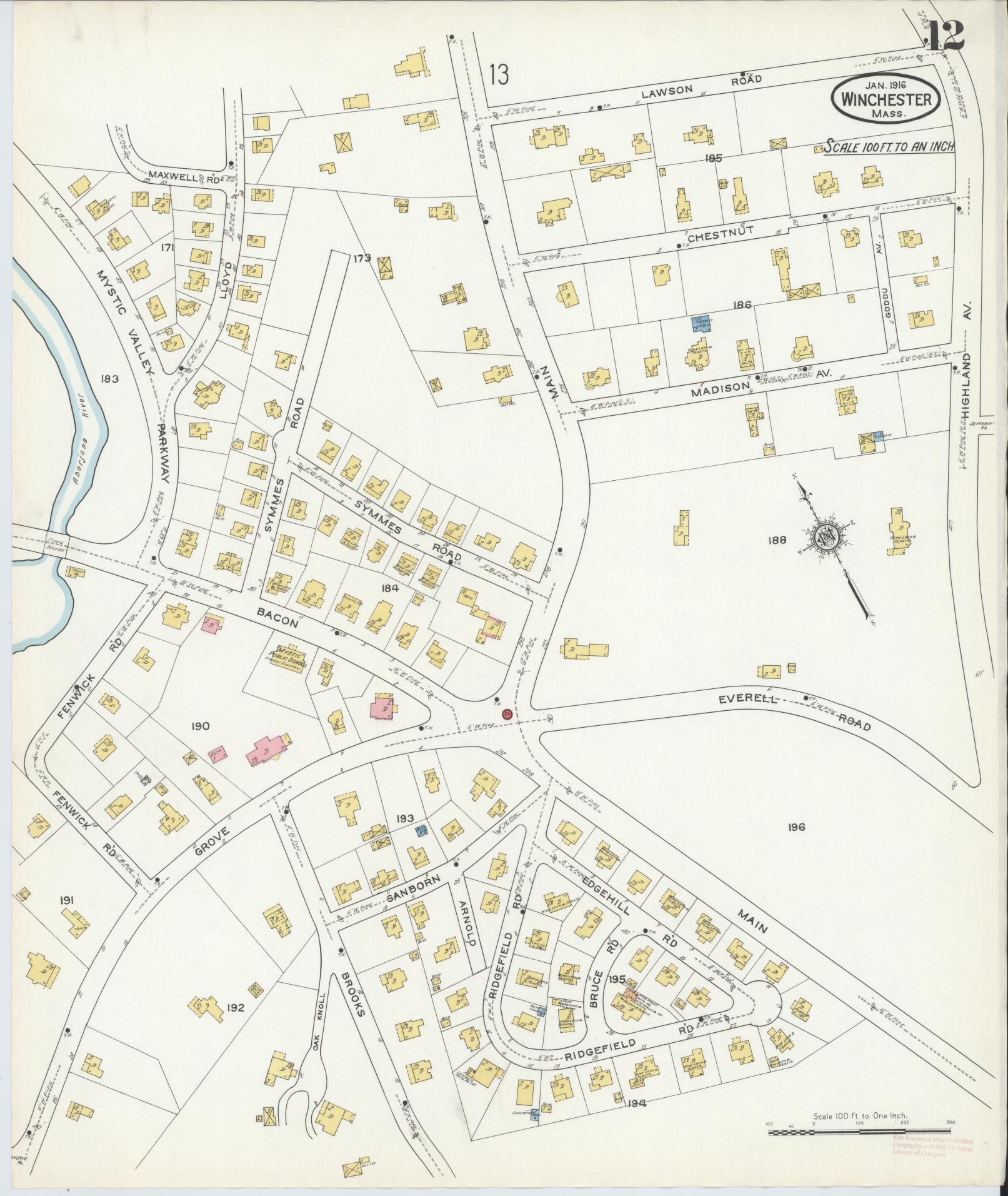Sanborn Fire Insurance Map from Winchester, Middlesex County, Massachusetts (1916), Sheet #0012 - Historic Sanborn Fire Insurance Map Print, vintage old map wall art, antique decor, genealogy gift, Massachusetts Massachusetts map