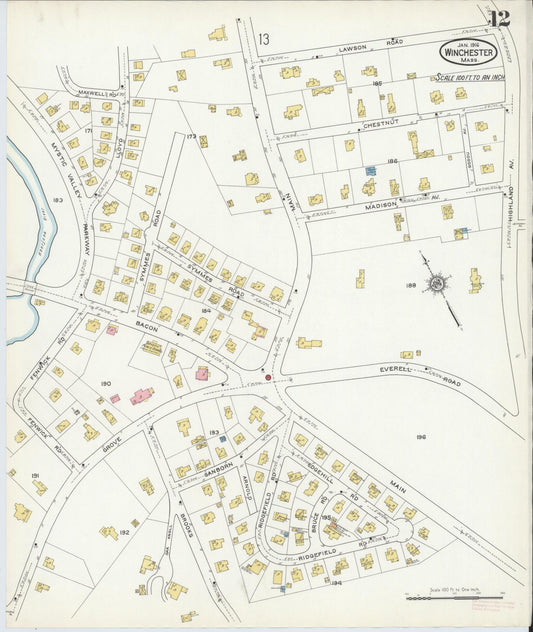 Sanborn Fire Insurance Map from Winchester, Middlesex County, Massachusetts (1916), Sheet #0012 - Historic Sanborn Fire Insurance Map Print, vintage old map wall art, antique decor, genealogy gift, Massachusetts Massachusetts map