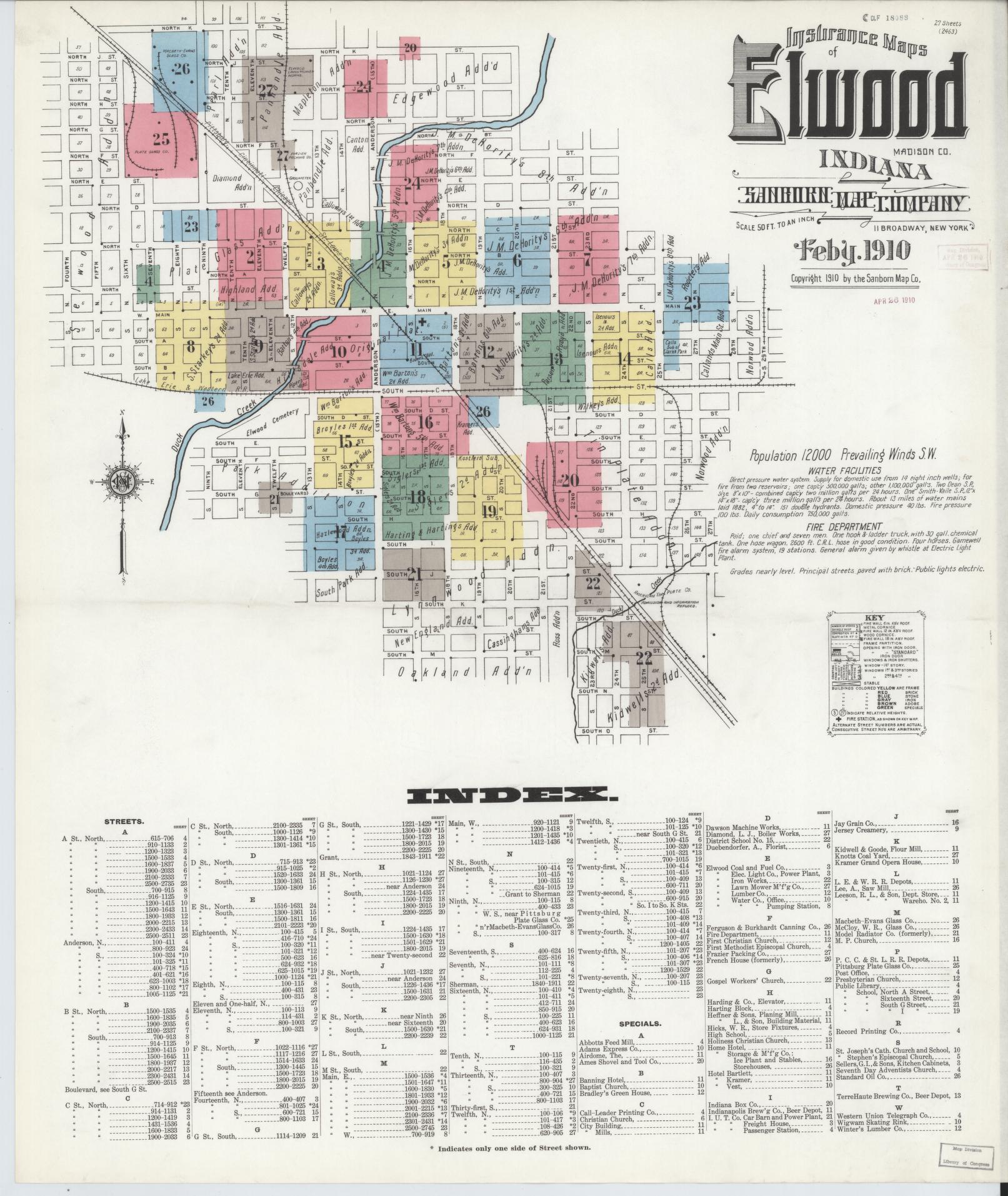 Sanborn Fire Insurance Map from Elwood, Madison County, Indiana (1910), Sheet #0001 - Historic Sanborn Fire Insurance Map Print, vintage old map wall art, antique decor, genealogy gift, Indiana Indiana map