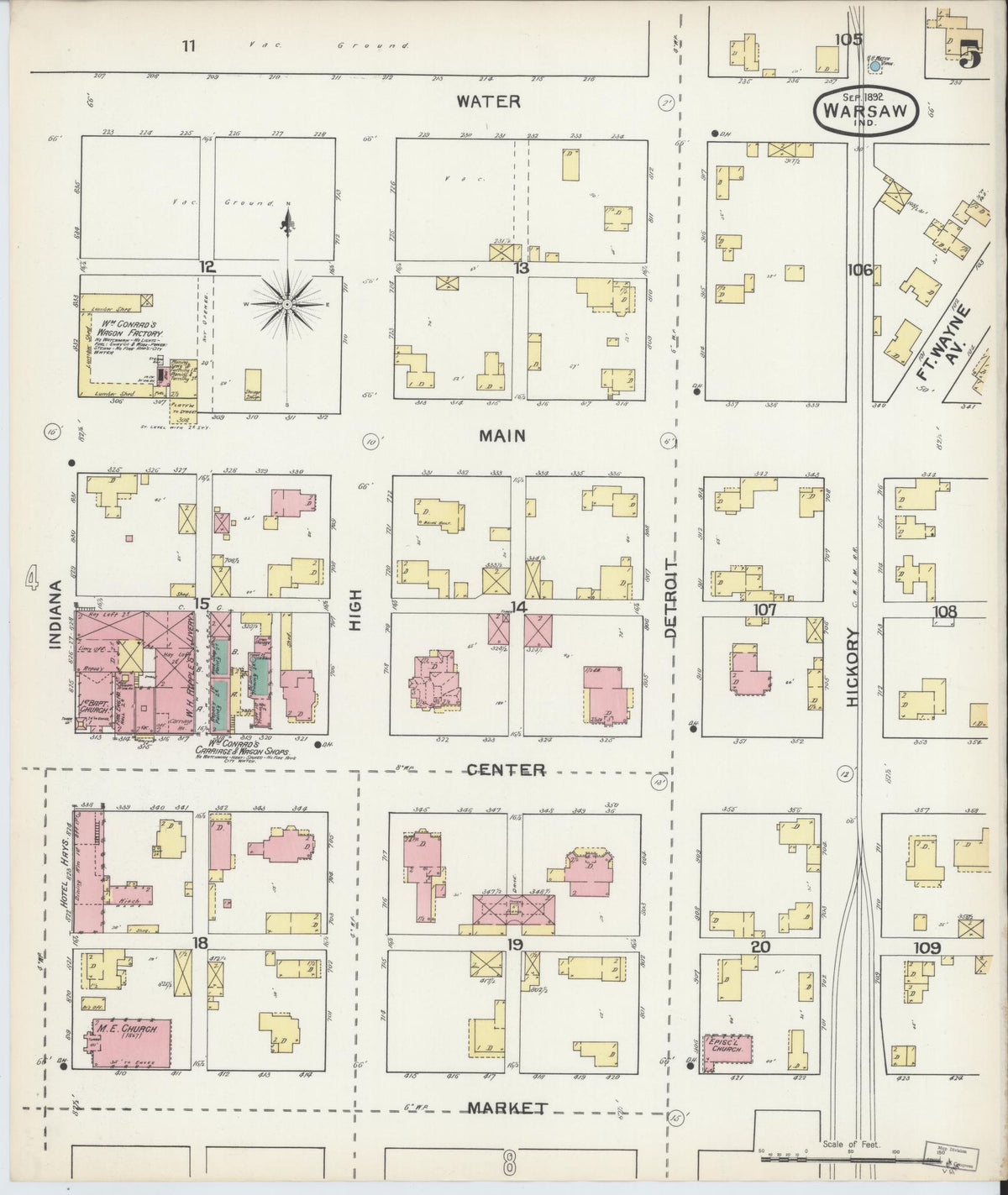 Sanborn Fire Insurance Map from Warsaw, Kosciusko County, Indiana (1892), Sheet #0005 - Historic Sanborn Fire Insurance Map Print, vintage old map wall art, antique decor, genealogy gift, Indiana Indiana map