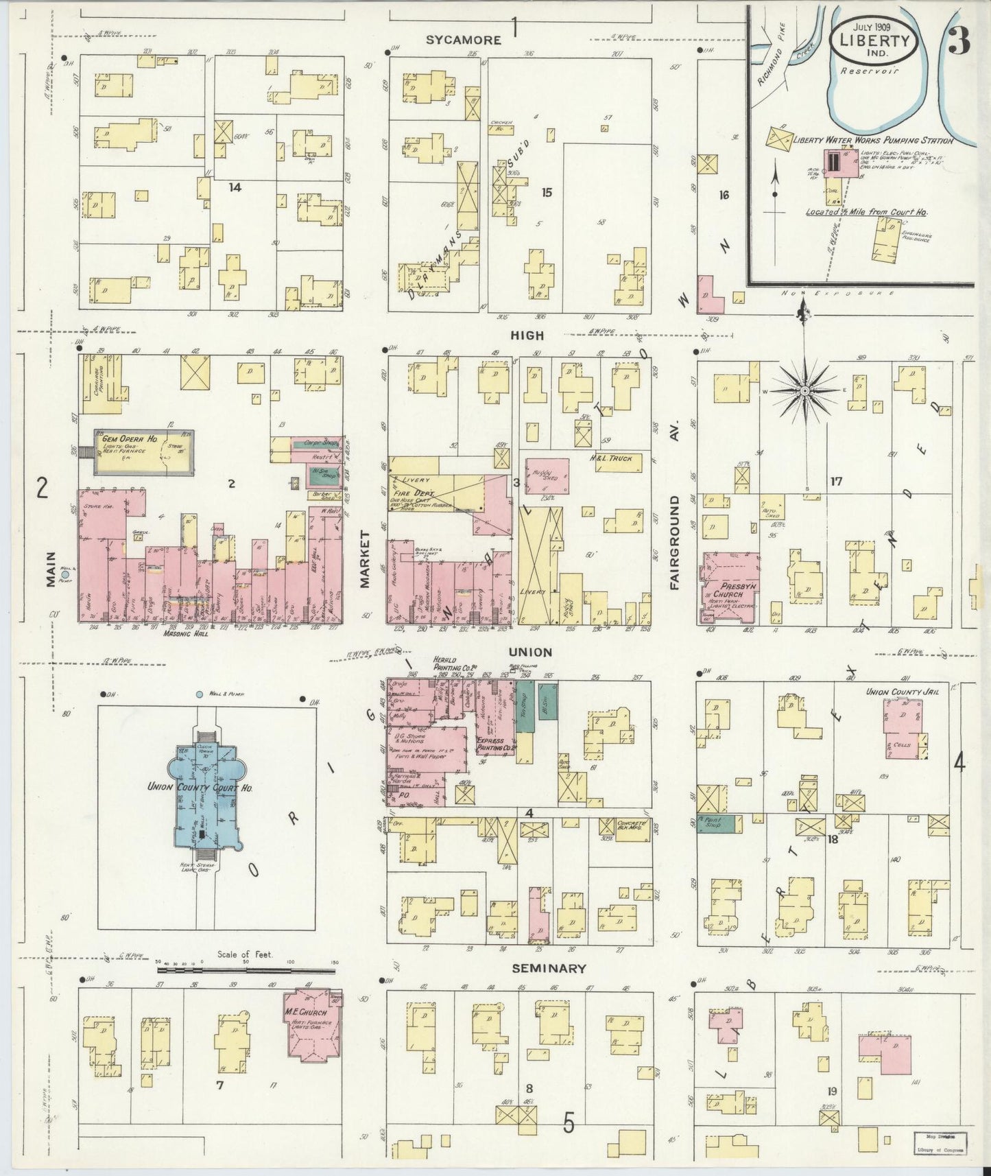 Sanborn Fire Insurance Map from Liberty, Union County, Indiana (1909), Sheet #0003 - Complete Map Set gallery image, historic Sanborn map, vintage wall art, Indiana Indiana