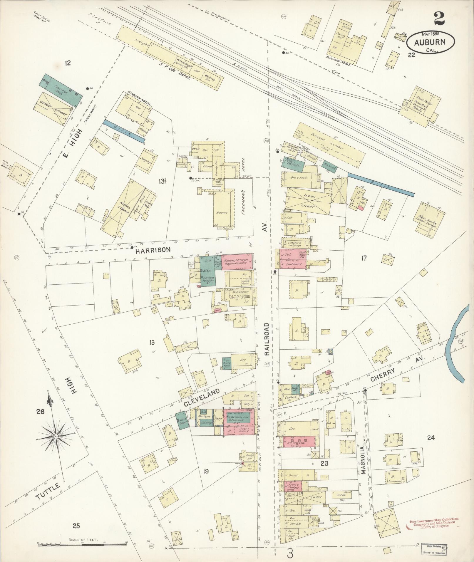 Sanborn Fire Insurance Map from Auburn, Placer County, California (1899), Sheet #0002 - Historic Sanborn Fire Insurance Map Print, vintage old map wall art, antique decor, genealogy gift, California California map