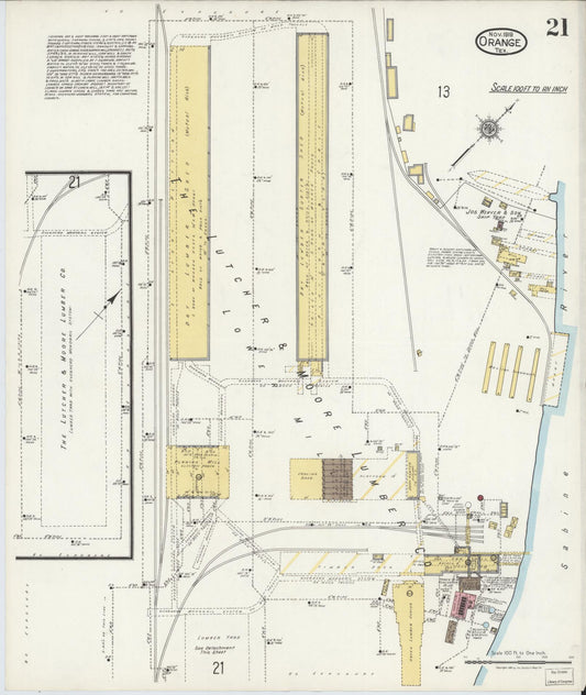Sanborn Fire Insurance Map from Orange, Orange County, Texas (1919), Sheet #0021 - Historic Sanborn Fire Insurance Map Print, vintage old map wall art, antique decor, genealogy gift, Texas Texas map