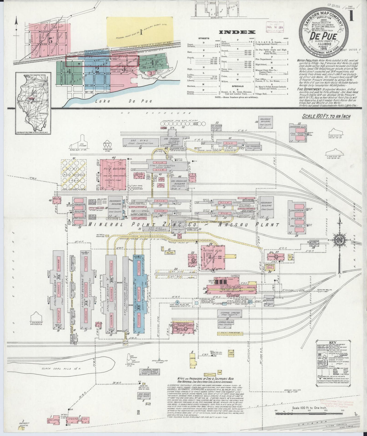 Sanborn Fire Insurance Map from De Pue, Bureau County, Illinois (1914), Sheet #0001 - Historic Sanborn Fire Insurance Map Print, vintage old map wall art, antique decor, genealogy gift, Illinois Illinois map
