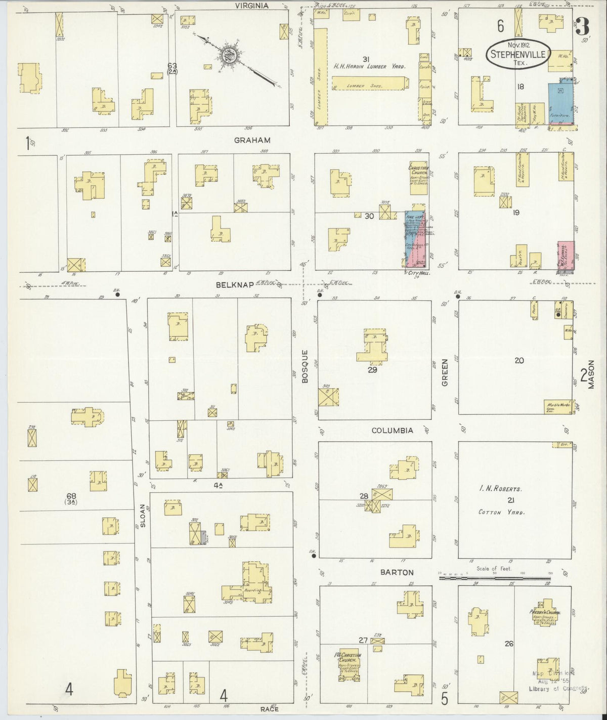 Sanborn Fire Insurance Map from Stephenville, Erath County, Texas (1912), Sheet #0003 - Historic Sanborn Fire Insurance Map Print, vintage old map wall art, antique decor, genealogy gift, Texas Texas map