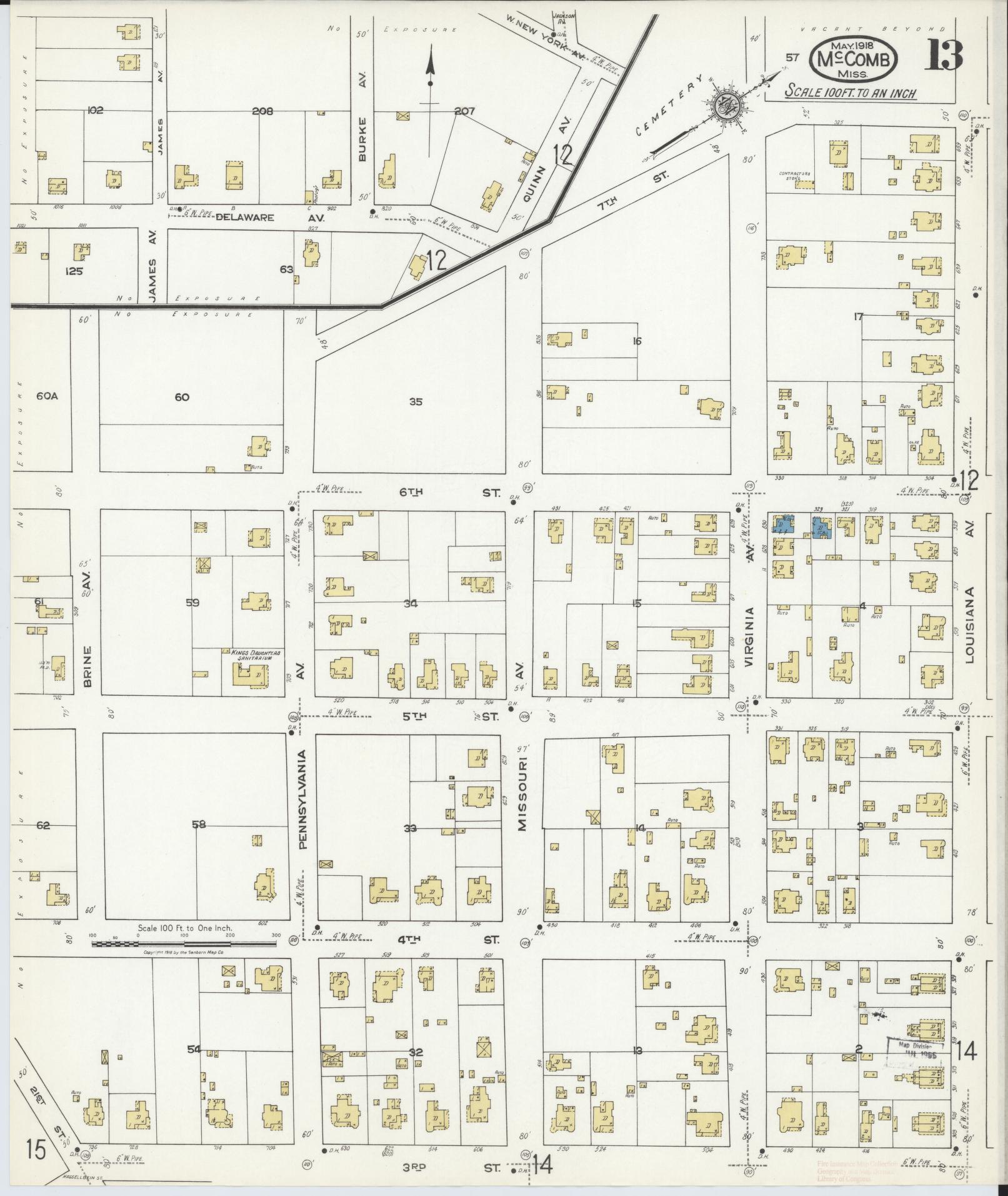 Sanborn Fire Insurance Map from McComb, Pike County, Mississippi (1918), Sheet #0013 - Complete Map Set gallery image, historic Sanborn map, vintage wall art, Mississippi Mississippi