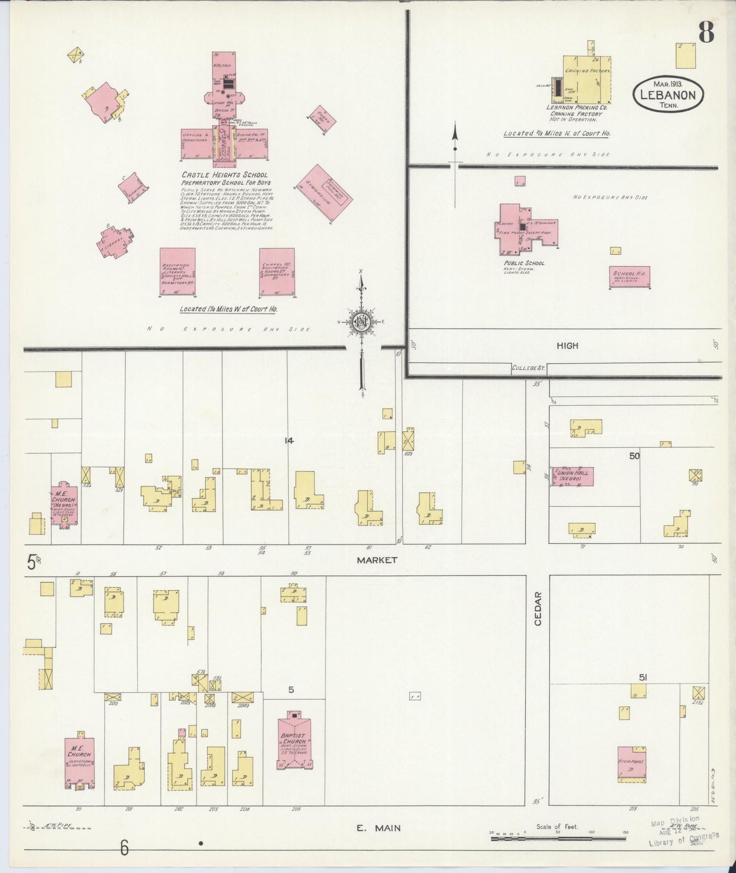 Sanborn Fire Insurance Map from Lebanon, Wilson County, Tennessee (1913), Sheet #0008 - Historic Sanborn Fire Insurance Map Print, vintage old map wall art, antique decor, genealogy gift, Tennessee Tennessee map