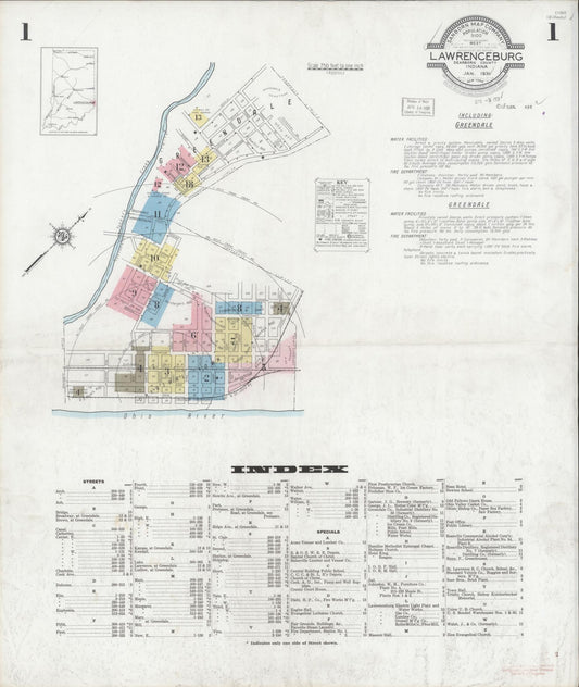 Sanborn Fire Insurance Map from Lawrenceburg, Dearborn County, Indiana (1931), Sheet #0001 - Historic Sanborn Fire Insurance Map Print, vintage old map wall art, antique decor, genealogy gift, Indiana Indiana map
